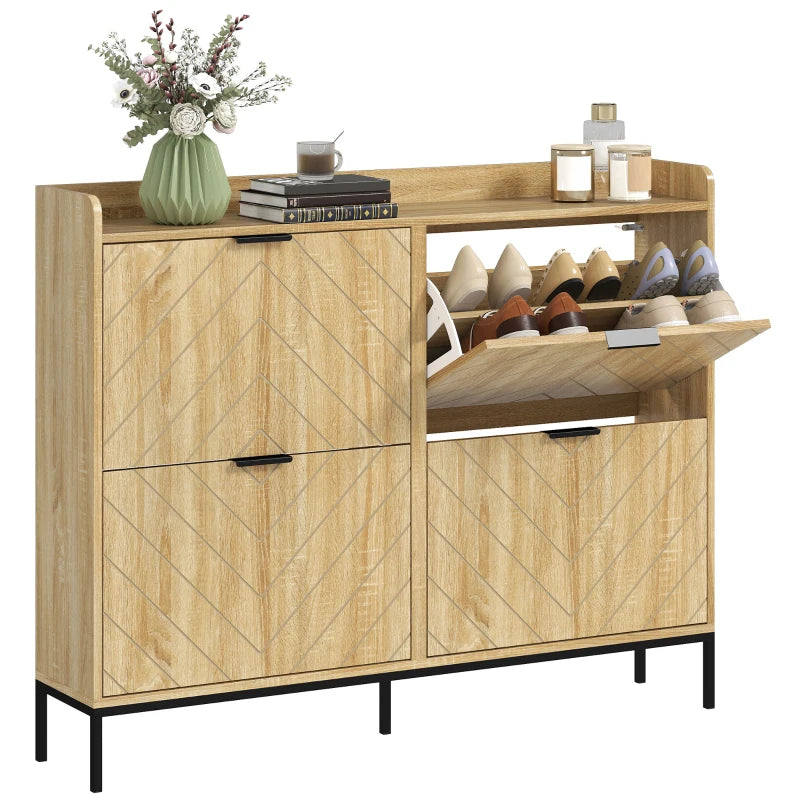 Narrow Shoe Storage Cabinet, Modern Slim Shoe Cabinet with 4 Flip Drawers, 16 Pairs of Shoes for Hallway, Entryway, Oak