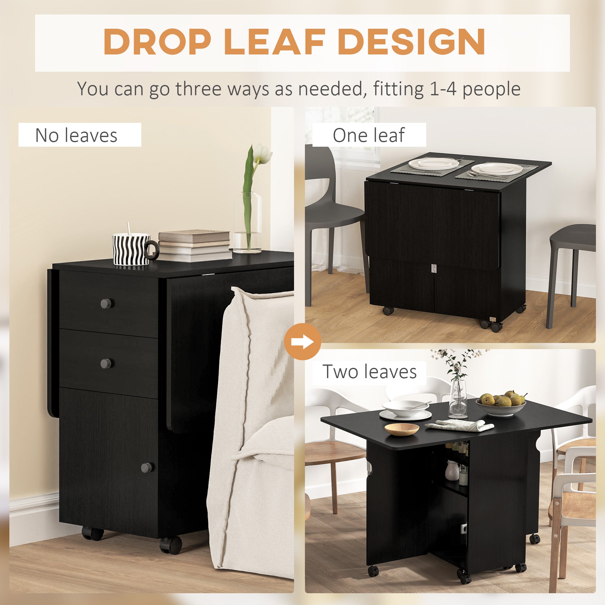 HOMCOM Extendable Dining Table, Drop Leaf Table with 2 Drawers, Cabinet and 6 Wheels for Small Spaces, Kitchen, Black Wood Grain