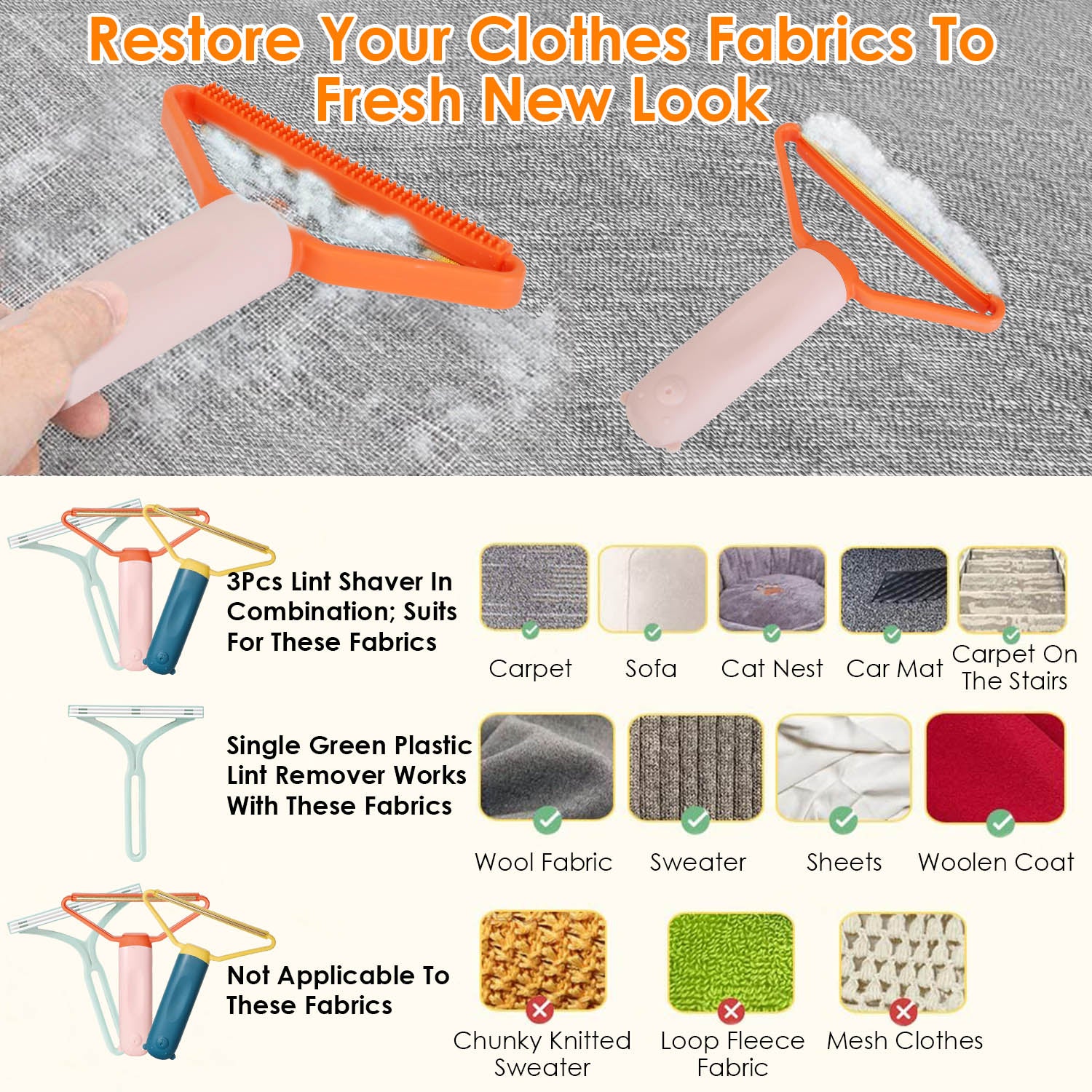 3Pcs Portable Lint Remover Reusable Double Sided Fabric Clothes Shaver Carpet Fuzz Carpet Scraper for Sweater Couch Mat