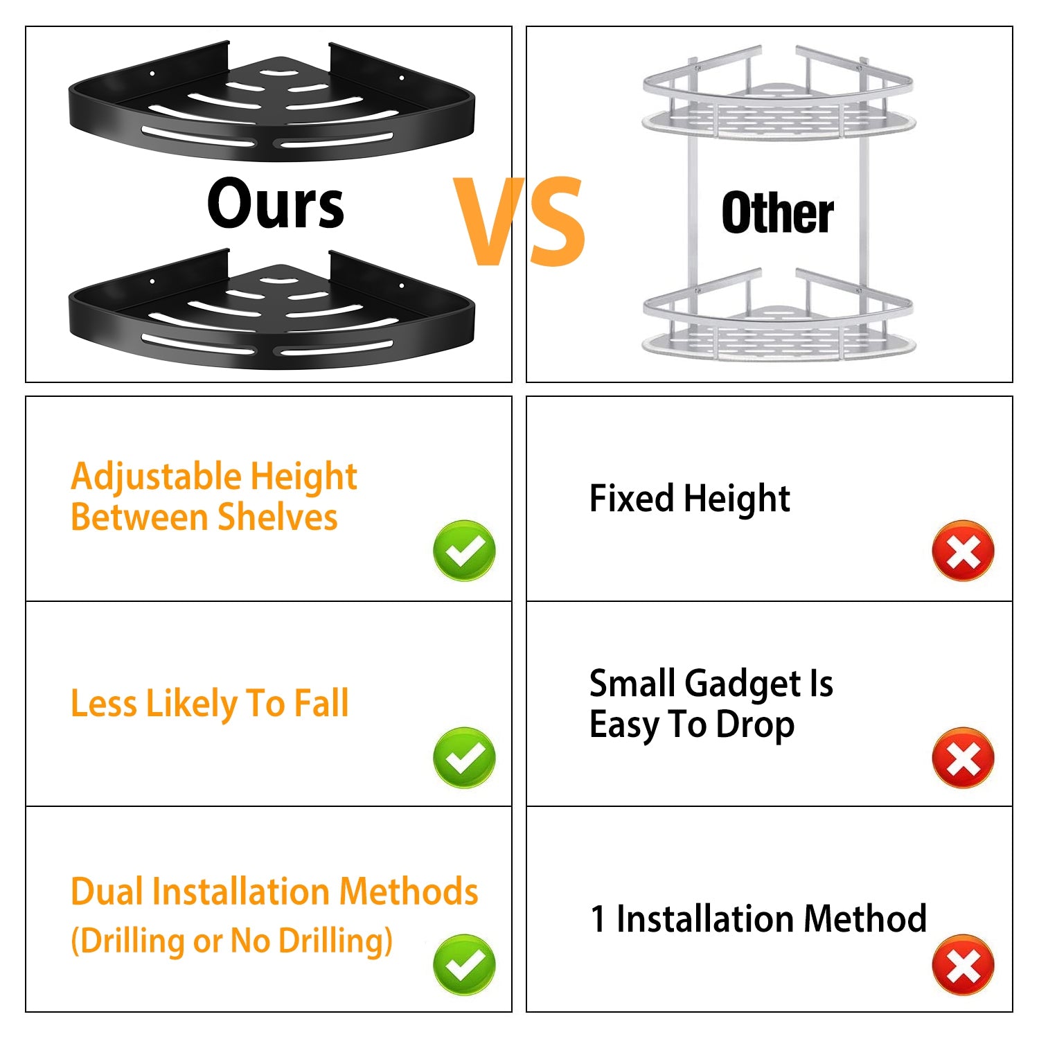 2Pcs Corner Shower Caddy Shelf Adhesive Bathroom Wall Mounted Storage Racks Aluminum No Drilling Organizers For Bathroom Toilet Kitchen Dorm