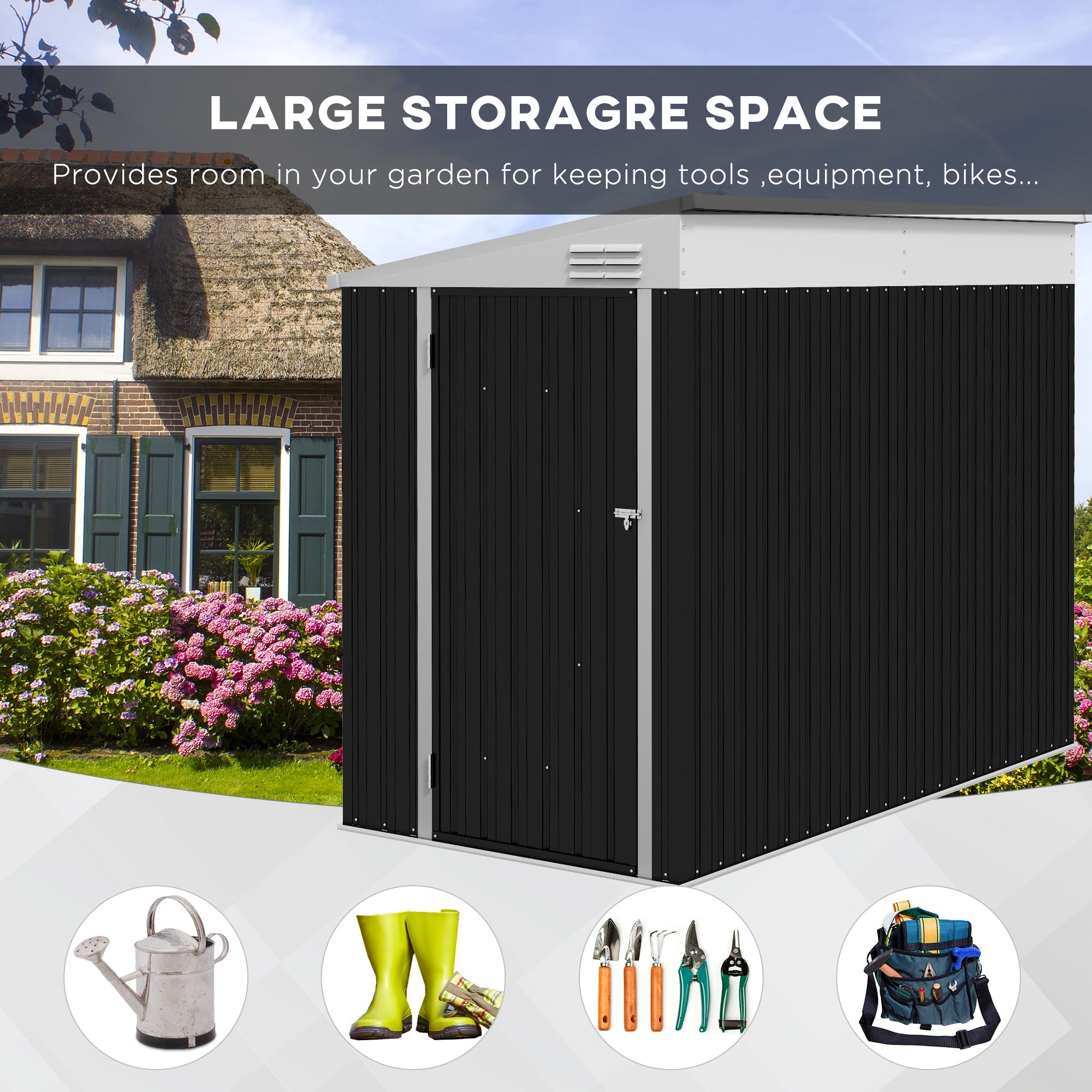 Outsunny 4x8 ft Metal Garden Shed Outdoor Storage Lean-To Tool House with Lockable Door Air Vents for Backyard Patio Lawn