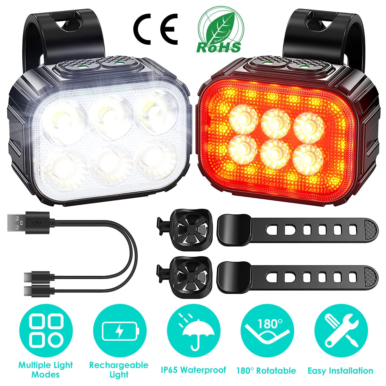 Bike Headlight TailLight IP65 Waterproof Anti-Drop Rechargeable Bicycle Light Set Night Riding Bright Bike Cycling Headlight Taillight Front Light War