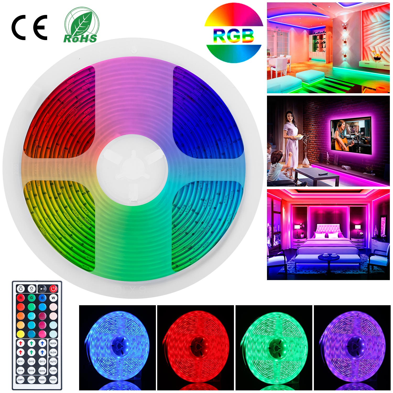 LED Strip Lights 16.4FT 150 LEDs RGB Color Changing Lamp IP65 Waterproof 5050 LED Dimmable LED Decorative Lights DIY Strip Lights w/ IR Remote