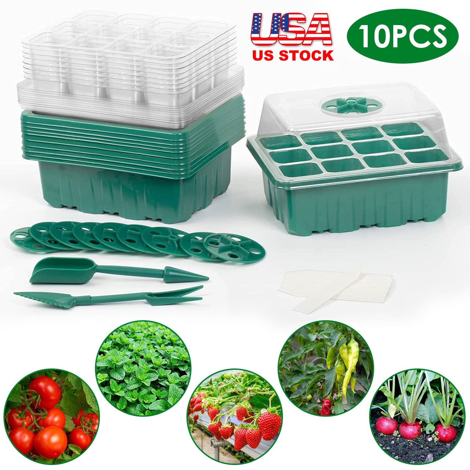 10Pcs Seed Starter Tray Kit Reusable Overall 120Cells Seeding Propagator Station Greenhouse Growing Germination Tray with Humidity Dome Label 2Pcs Gar