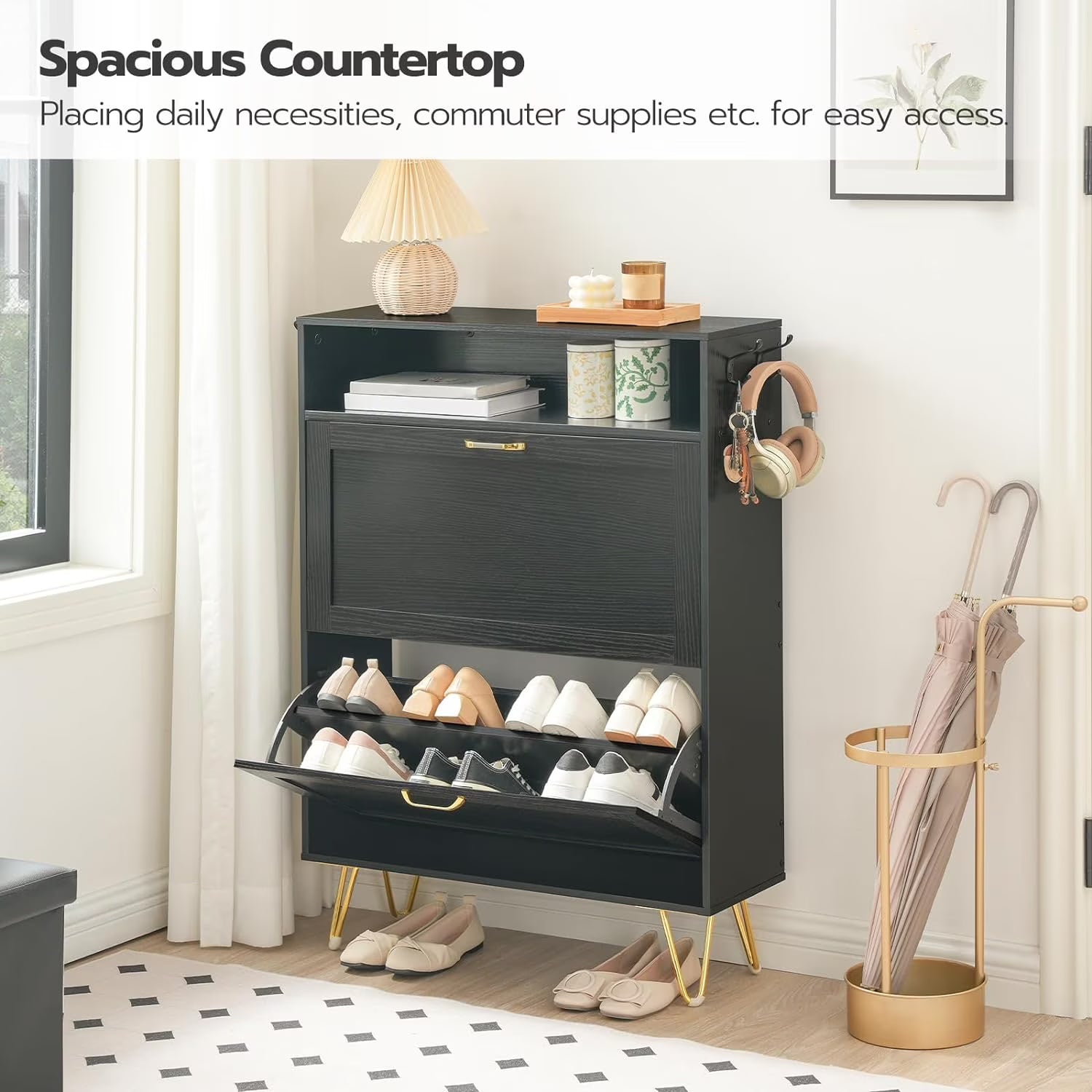 HOOBRO 41.3" Shoe Cabinet with 2 Flip Drawers & Open Shelves, Space-Saving Entryway Shoe Storage Cabinet, Black