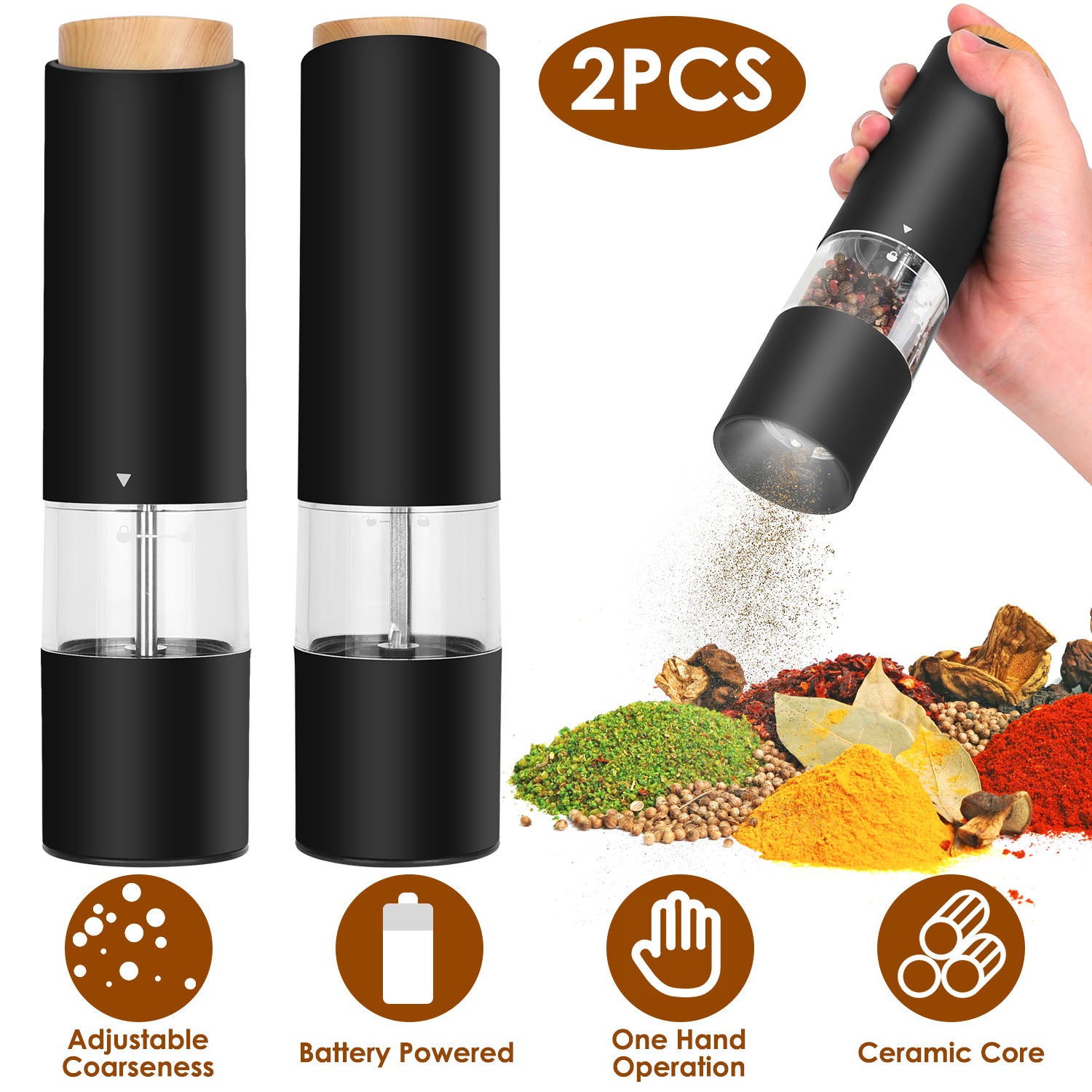 2Pcs Electric Salt and Pepper Grinder Battery Powered Salt Mill Sets With Adjustable Coarseness One Hand Easy Operation Visible Refilling Bottle