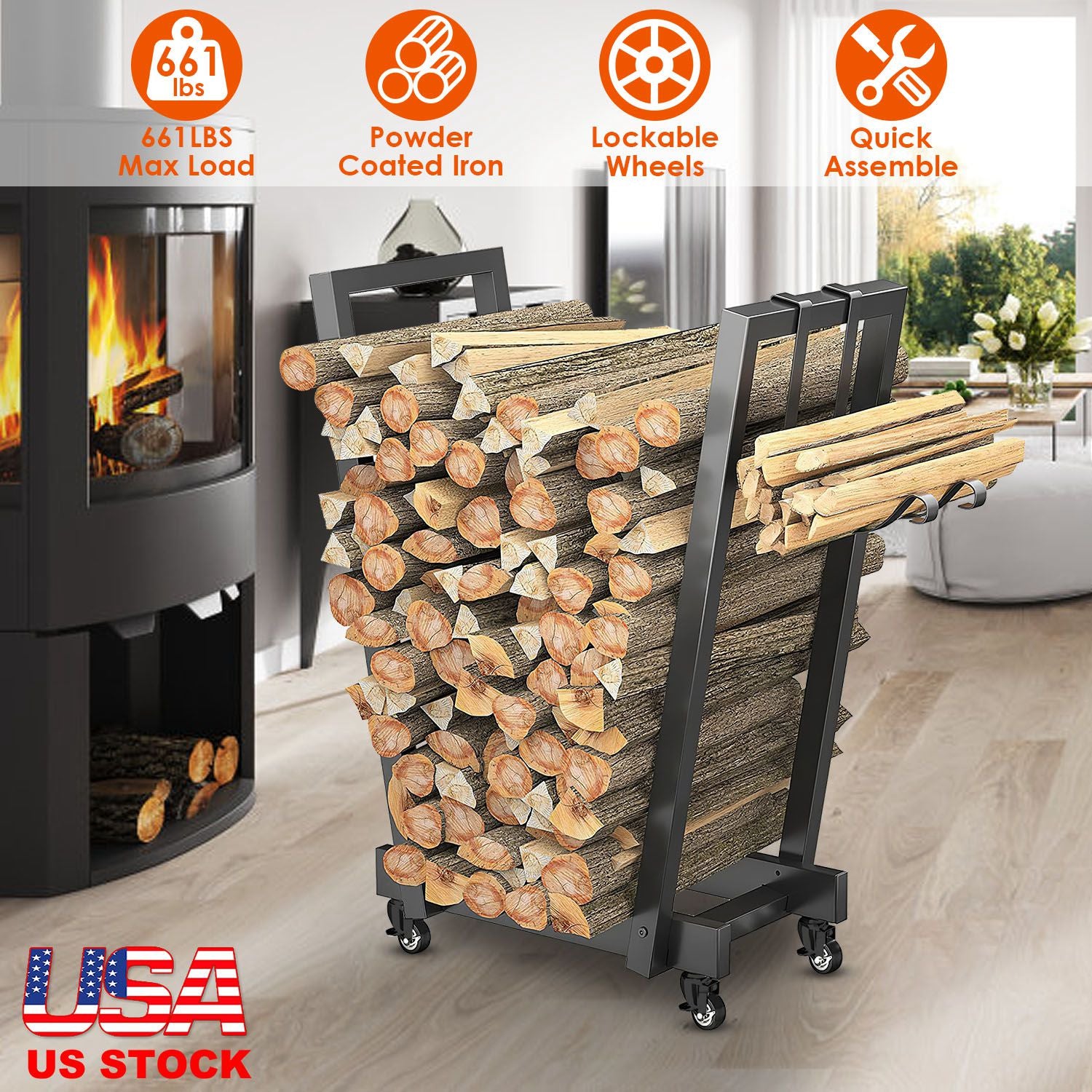 18.5x10.86x23.42in Firewood Log Rack 661LBS Iron Wood Lumber Storage Stacking Rack Iron Storage Holder for Fireplace Firepit with 2 Hanging Hooks 4 Sw