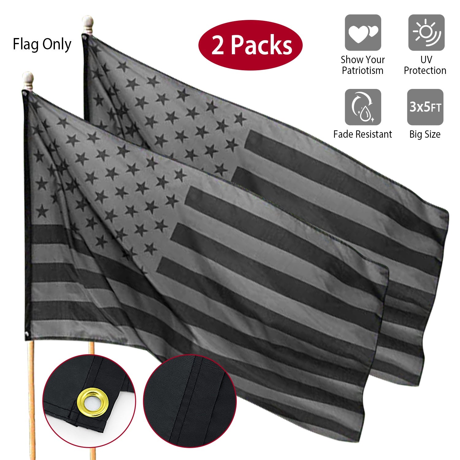All Black American Flag 3x5FT UV Protection Black US Flag Double Side Printing Fade Resistant Black USA Flag with Brass Grommets
