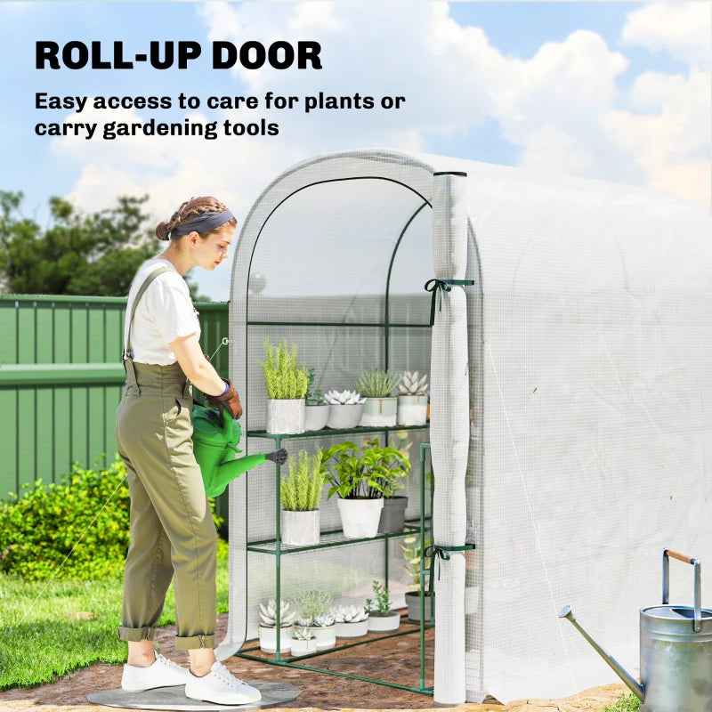 Walk-in Mini Greenhouse with Shelves, Portable Outdoor Greenhouse with Roll-up Door, 123 x 187 x 189 cm, White