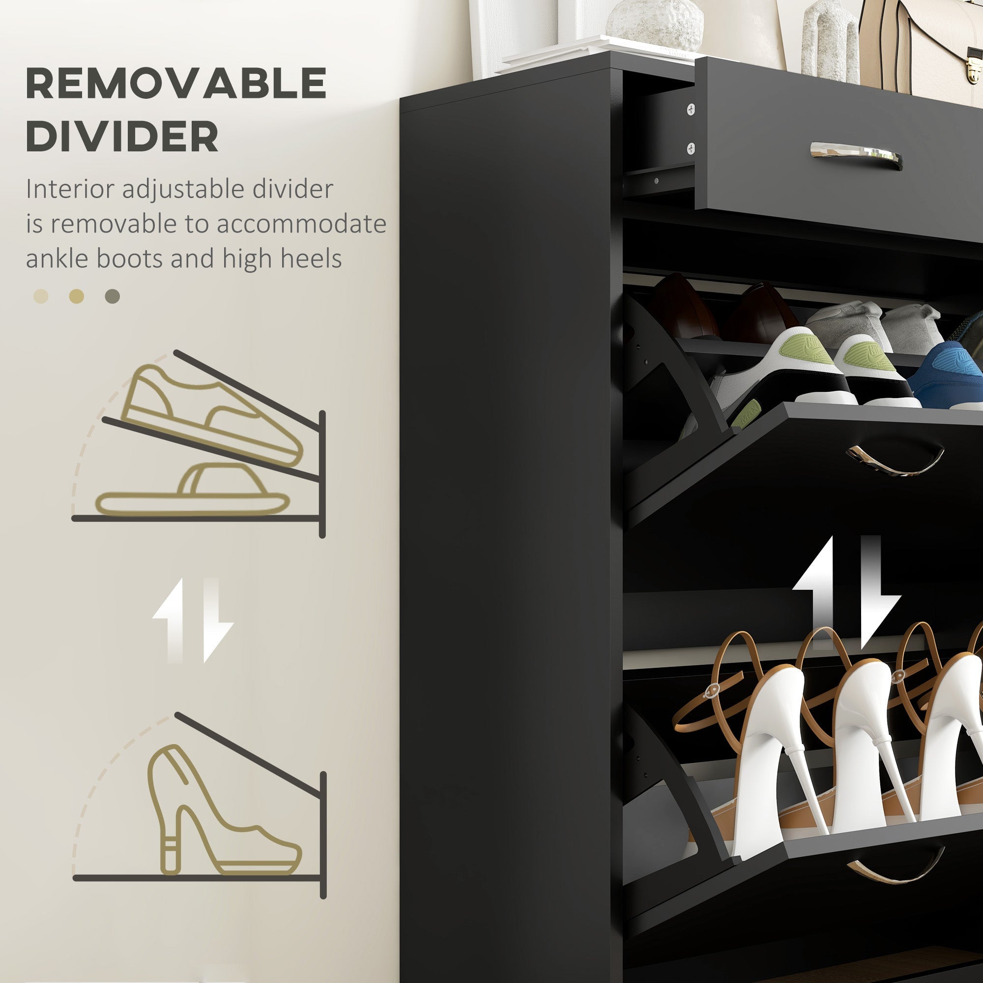 HOMCOM Shoe Storage Cabinet 12 Pairs Adjustable Shelves 2 Drawers Space Saving Compact Black