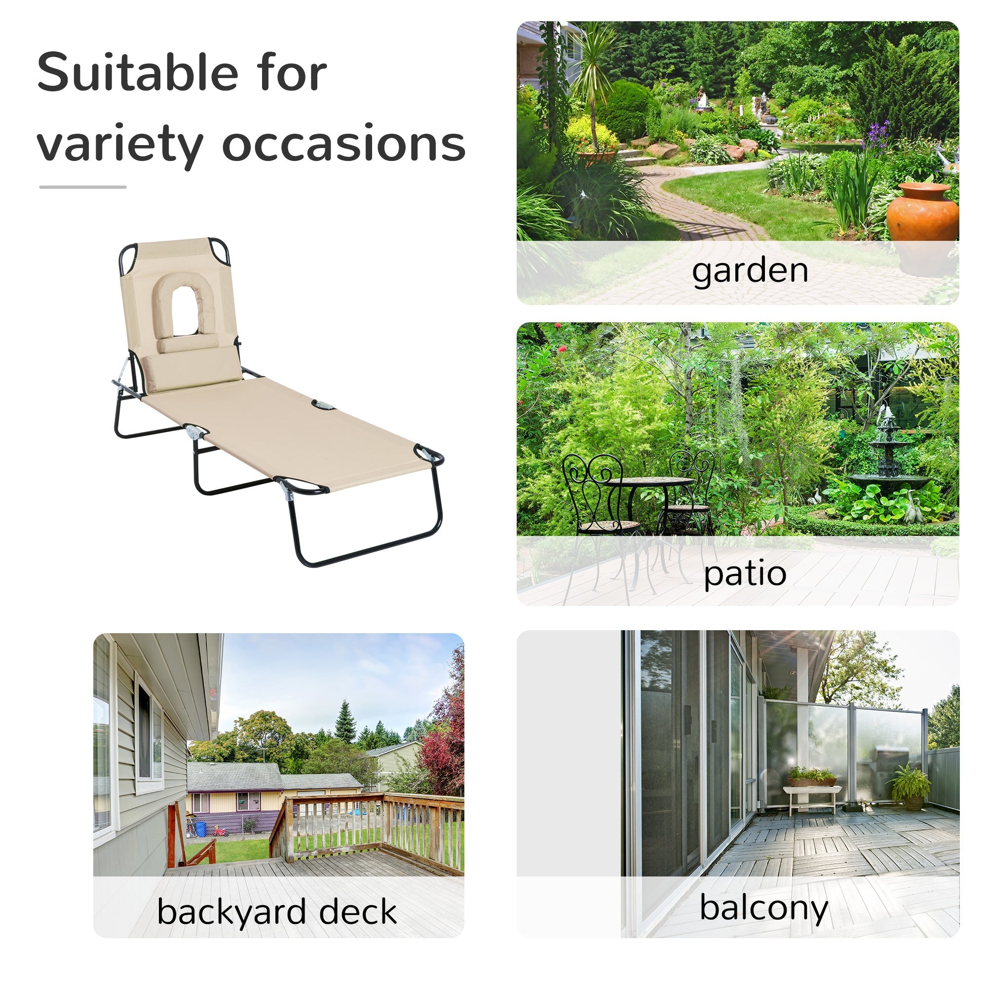 Outsunny Outdoor Lounge Chair Garden Folding Chaise with Adjustable Backrest Reading Hole Support Pillow Beige