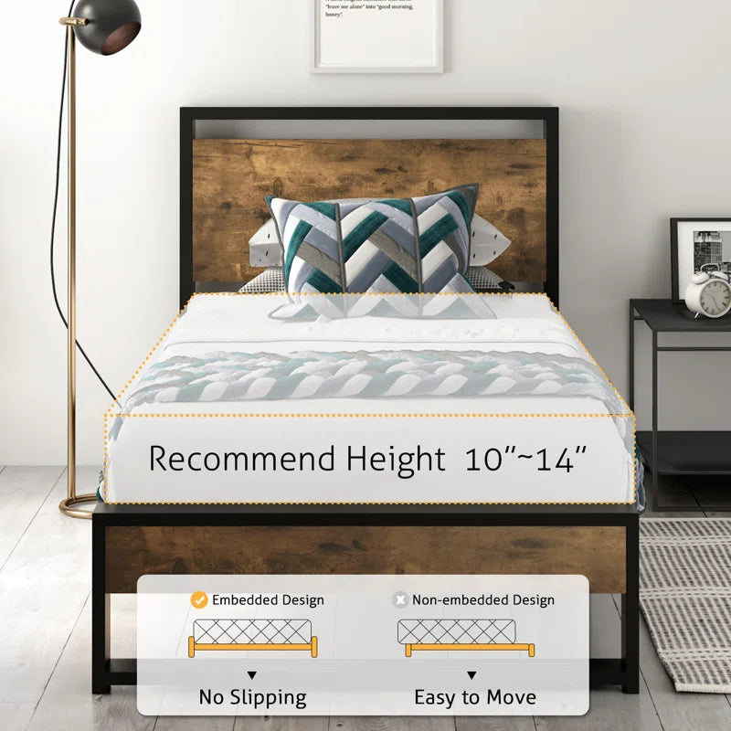 Fenham Black Metal Platform Bed with Industrial Wood Headboard