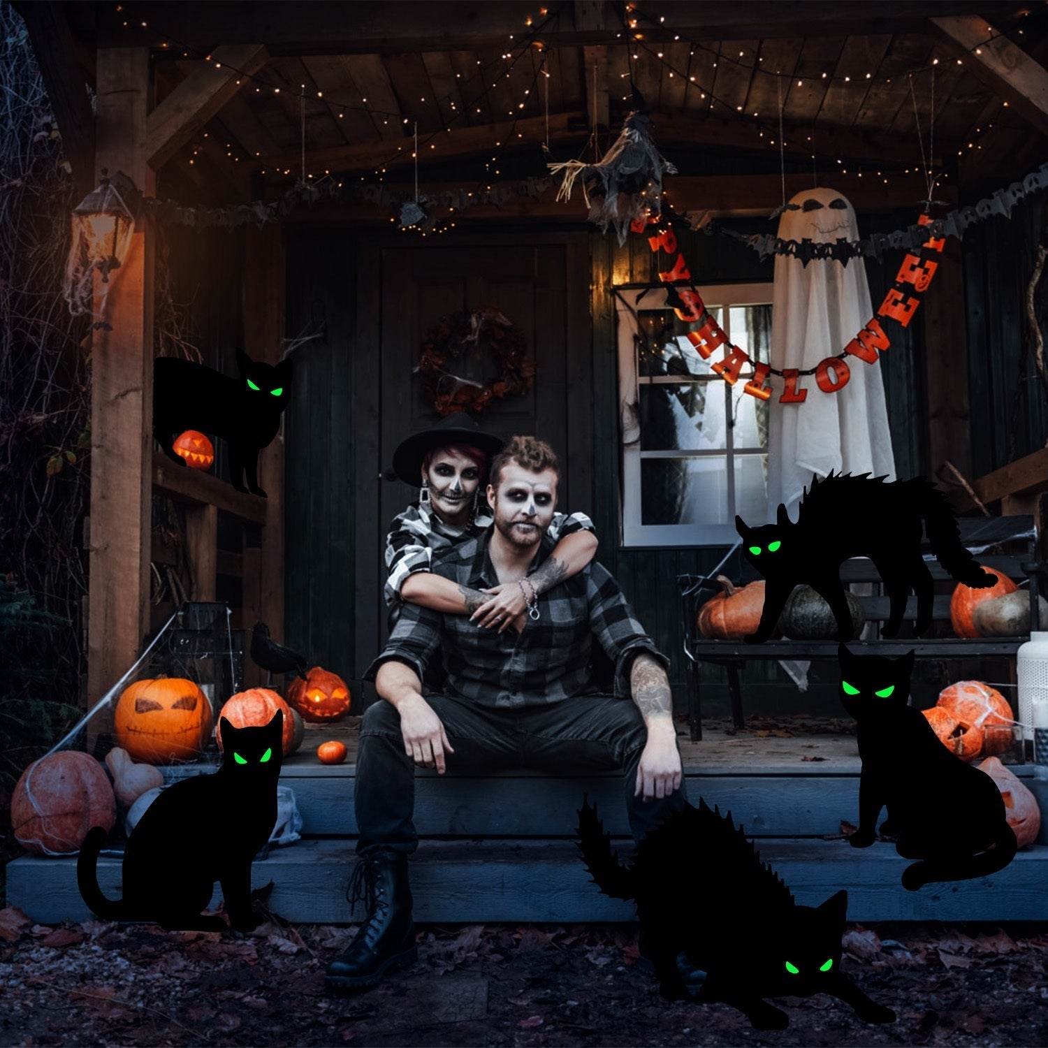 6Pcs Skull Or 6Pcs Tomb Or 5Pcs Black Cat Halloween Yard Sign Decorations Glow In The Dark For Haunted House Garden Yard And Scary Theme Party