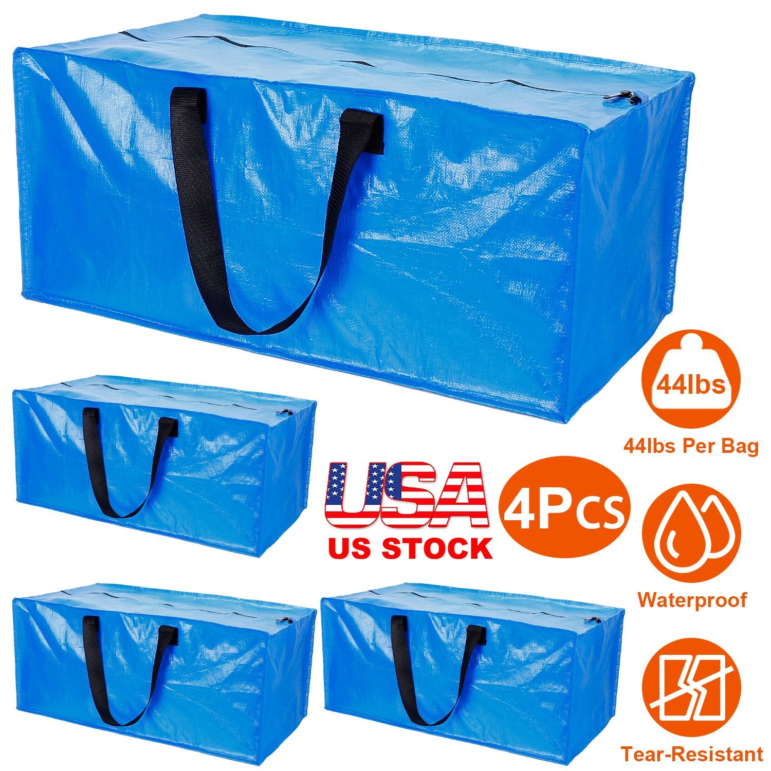4Pcs Moving Bags Heavy Duty Container Reusable Plastic Totes Blue Moving Bin Zippered Storage Bag