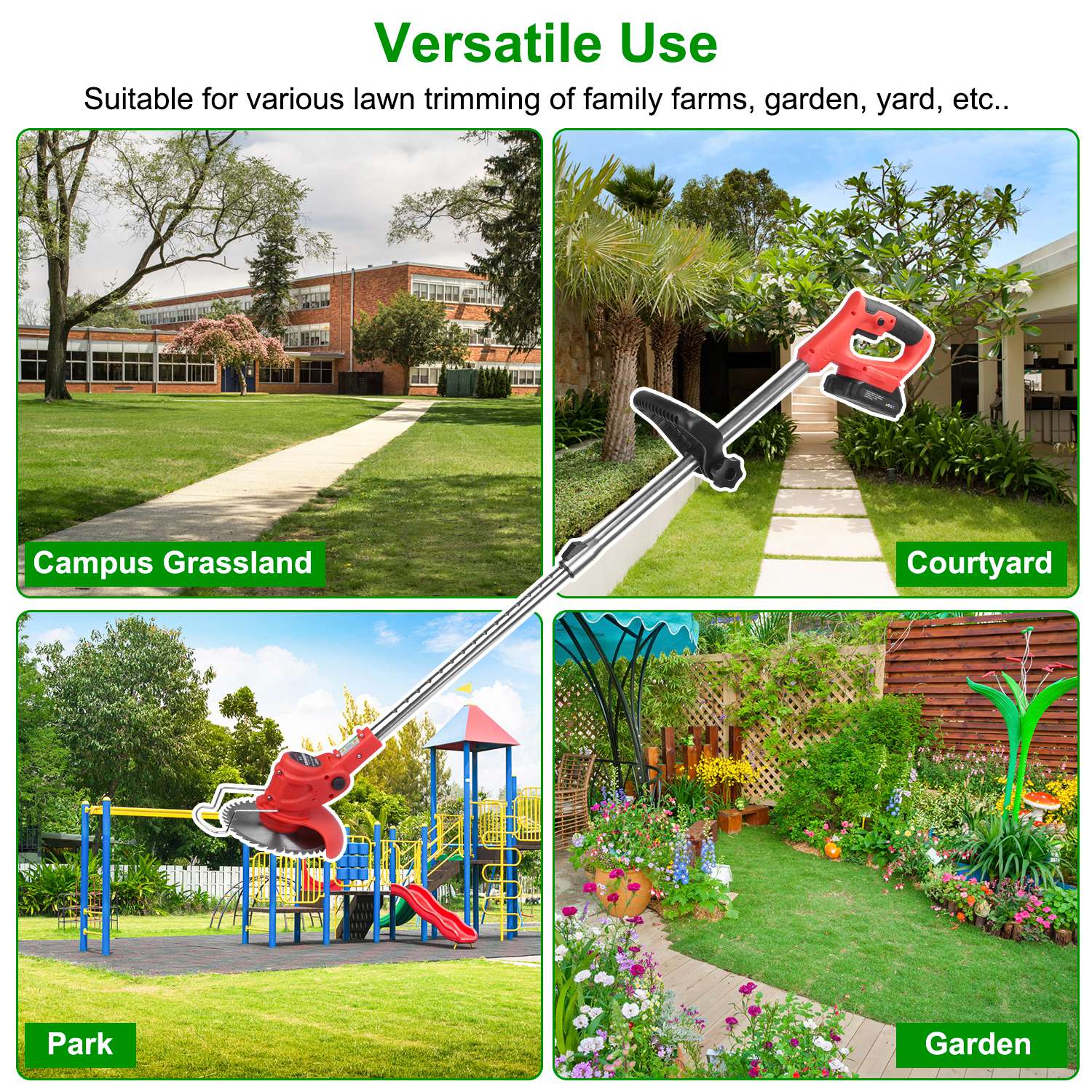 Electric Cordless Grass Trimmer Rechargeable Lawn Mower Weed Cutter with 2 Alloy Saw Blades 2 Alloy Blades 10 Plastic Blades 2 Rechargeable Batteries