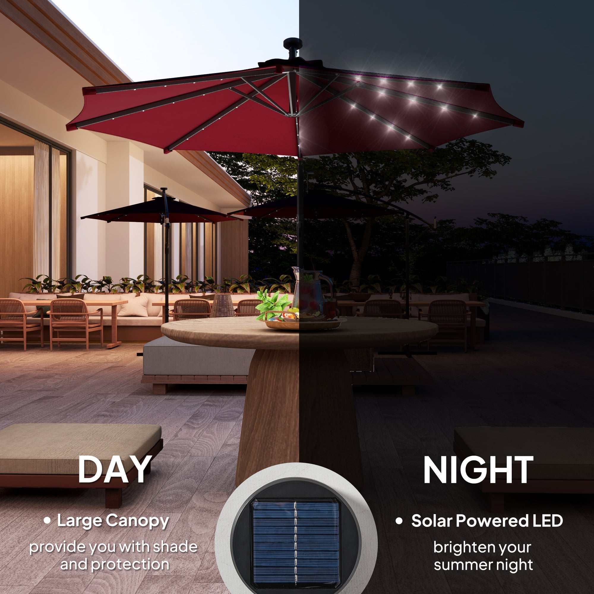 Outsunny 10ft Outdoor Cantilever Umbrella Banana Umbrella with Solar Lights and Adjustable Angle for Patio Backyard Wine Red