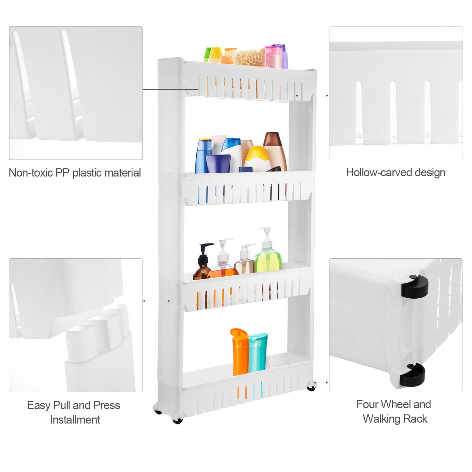 iMounTEK 4 Tiers Slim Storage Cart Mobile Rolling Shelf Unit Narrow Space Shelf for Kitchen Bathroom Pantry Laundry Garage Office