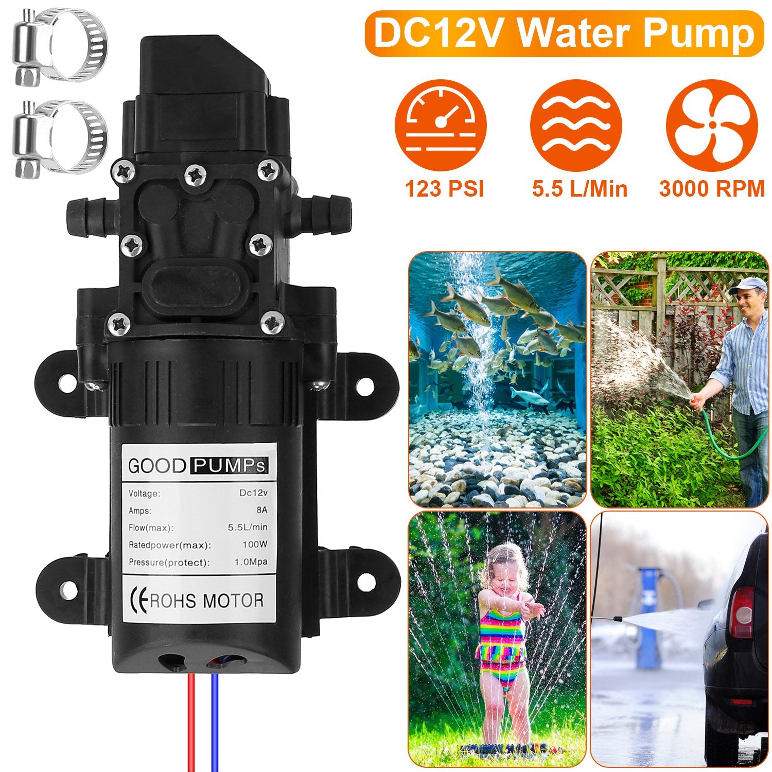 12V Water Pump with 2 Hose Clamps 123PSI Self Priming Sprayer Pump 100W Electric Diaphragm Water Pump 5.5L/Min for RV Camper Marine Boat