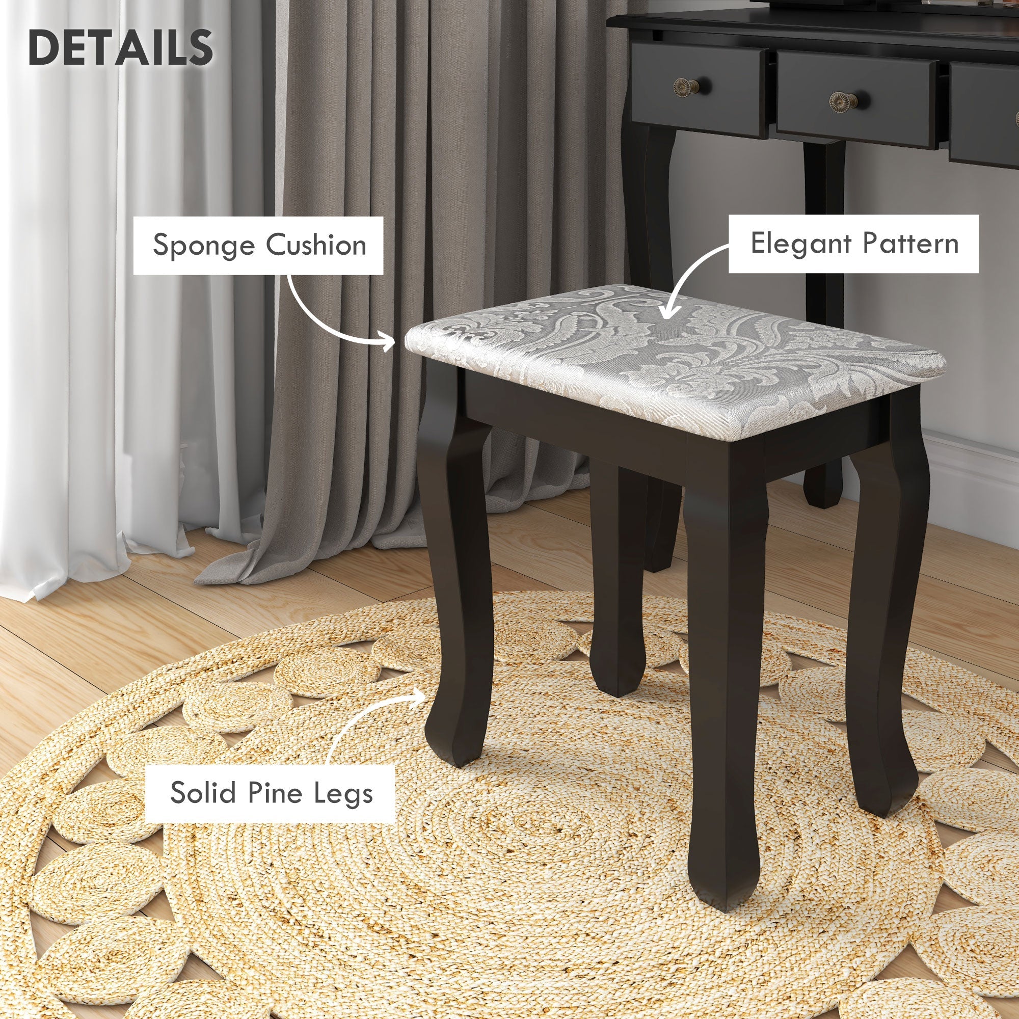 HOMCOM Vanity Dressing Table Set Contemporary Wooden Makeup Desk with Mirror Stool 5 Drawers Black