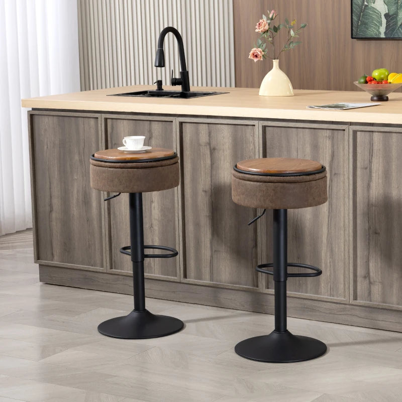 Set of 2 Barstools with Storage, Swivel Bar Stools with PU Leather Upholstered, Footrest, Steel Base, Brown