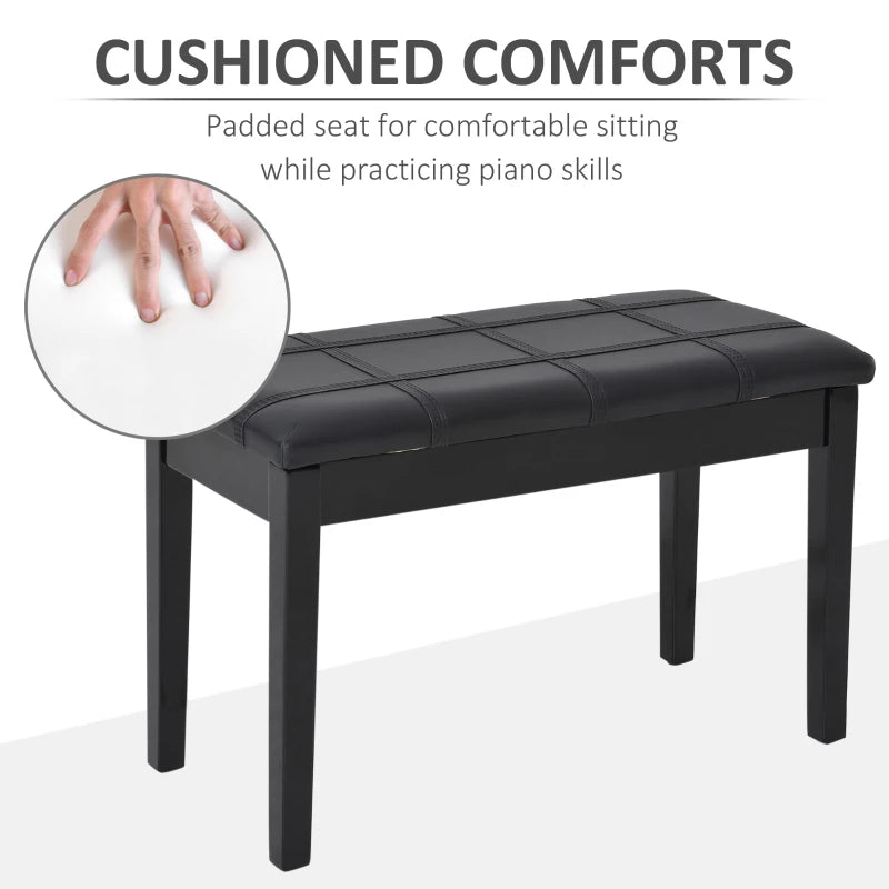 Classic Piano Bench Stool, PU Leather Padded Keyboard Seat with Rubber Wood Legs and Music Storage Compartment, Banded Seat, Black