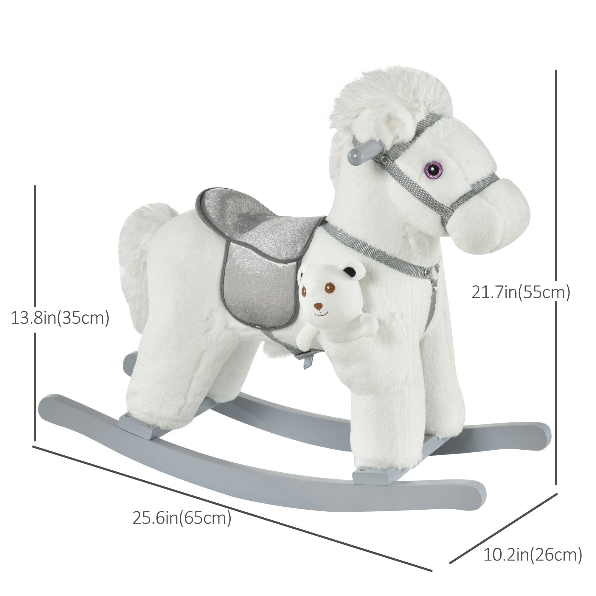 Qaba Kids White Plush Rocking Horse - Soft Bear Ride-On Toy with Fun Sounds, Comfortable Children's Chair