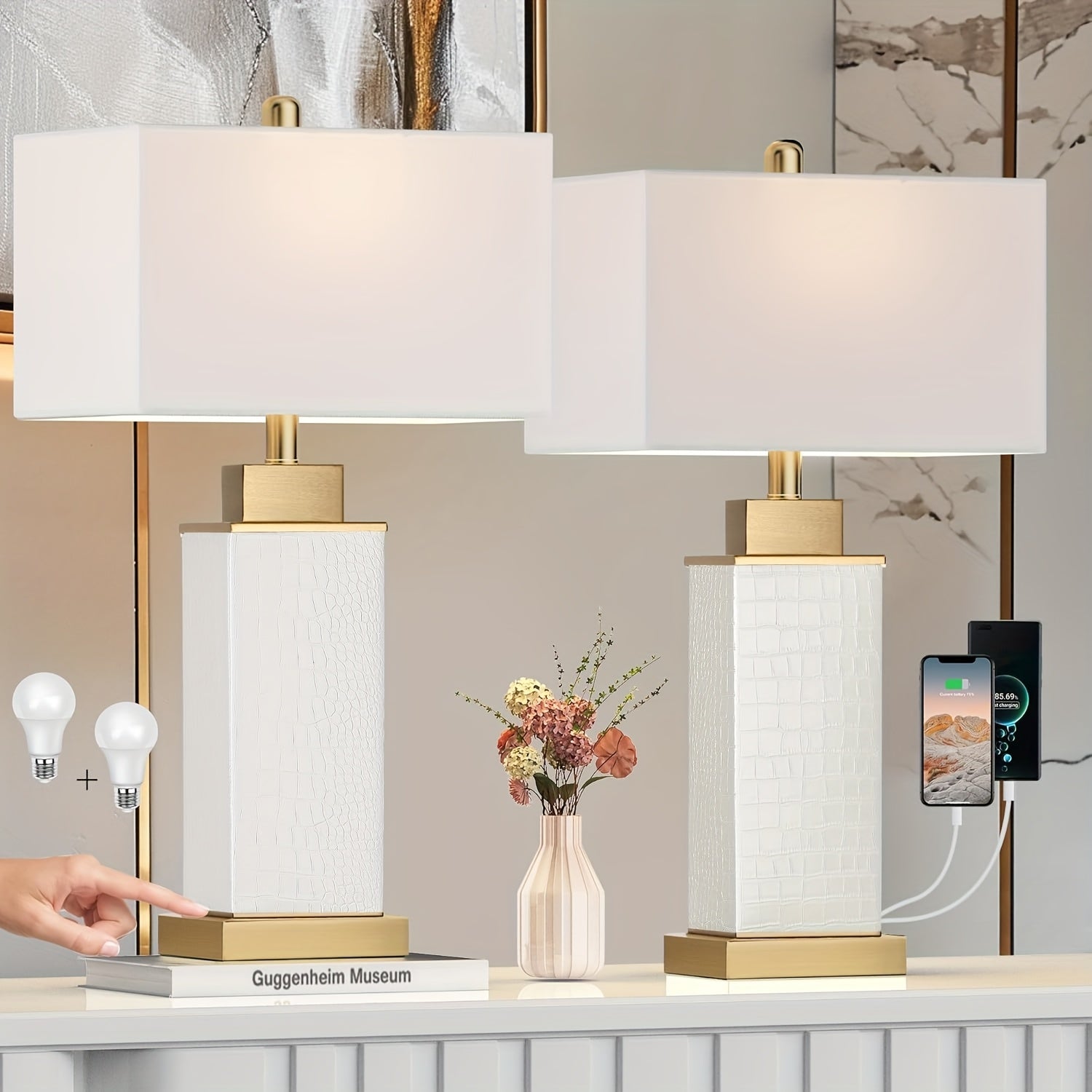 Modern White Faux Leather Table Lamps (Set of 2) – 3-Way Dimmable Touch Control with USB-C & A Charging Ports, Rectangle Shade – Ideal for Bedroom or Living Room