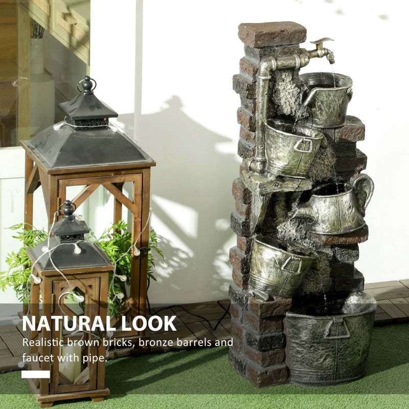 5-Tiered Faucet & Barrel Outdoor Water Fountain with LED Lights, Adjustable Flow, 39.4-inch Resin Waterfall Fountain