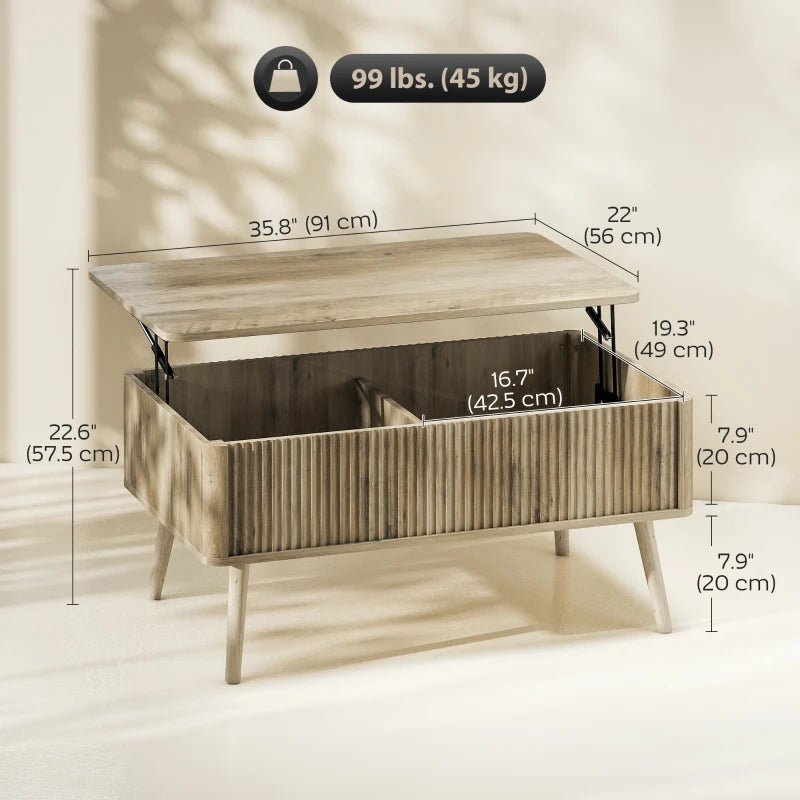 Lift Top Coffee Table with Storage, Center Table with Hidden Compartments and Pine Wood Legs for Living Room, Oak