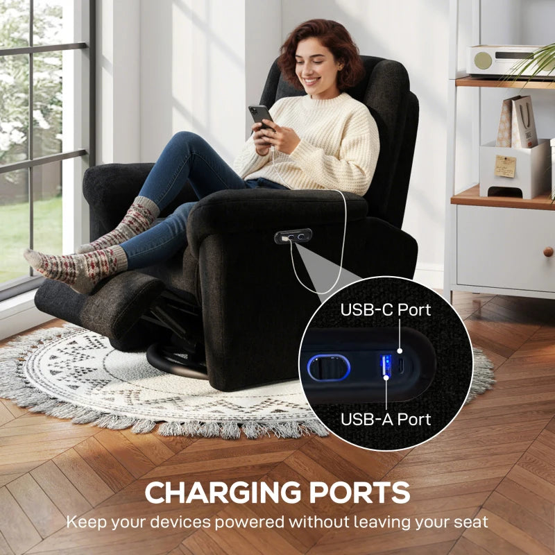 Power Recliner Chair, Fabric Upholstered Recliner Chair with USB Ports, Swivel and Rocking Function, Footrest, Black