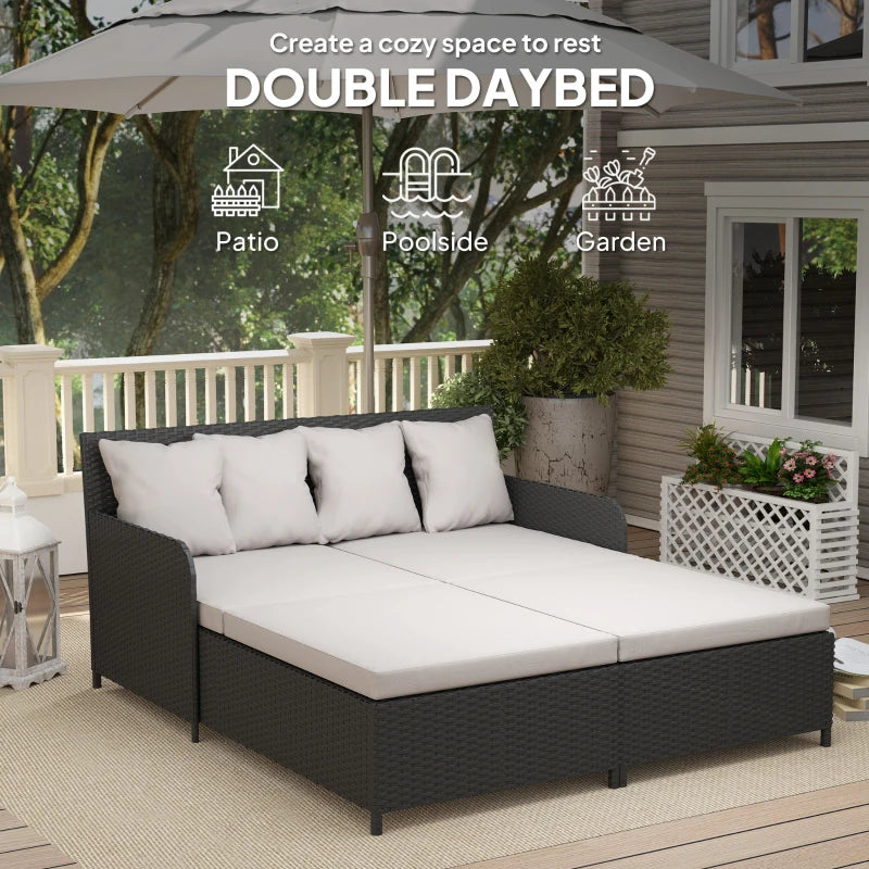 Rattan Outdoor Daybed, Sunbed Loveseat with Soft Cushions, 4 Pillows, Curved Backrest & Armrest, Light Grey