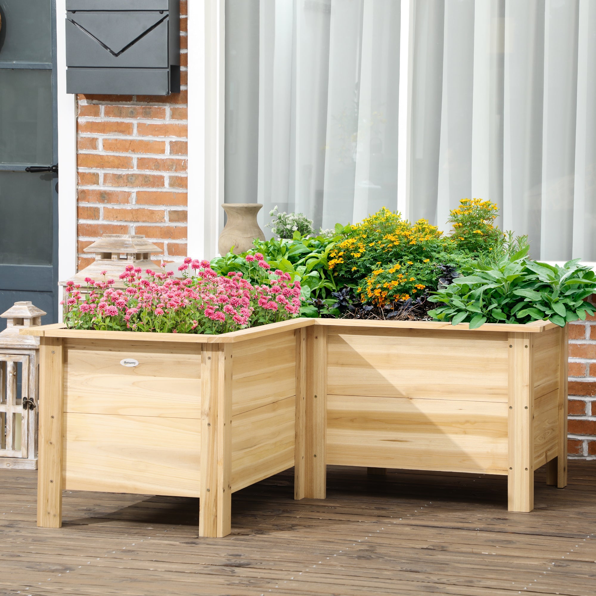 Outsunny Raised Flower Bed, Wooden Elevated Garden Planter with Legs for Backyard Flowers, L-shaped, Natural