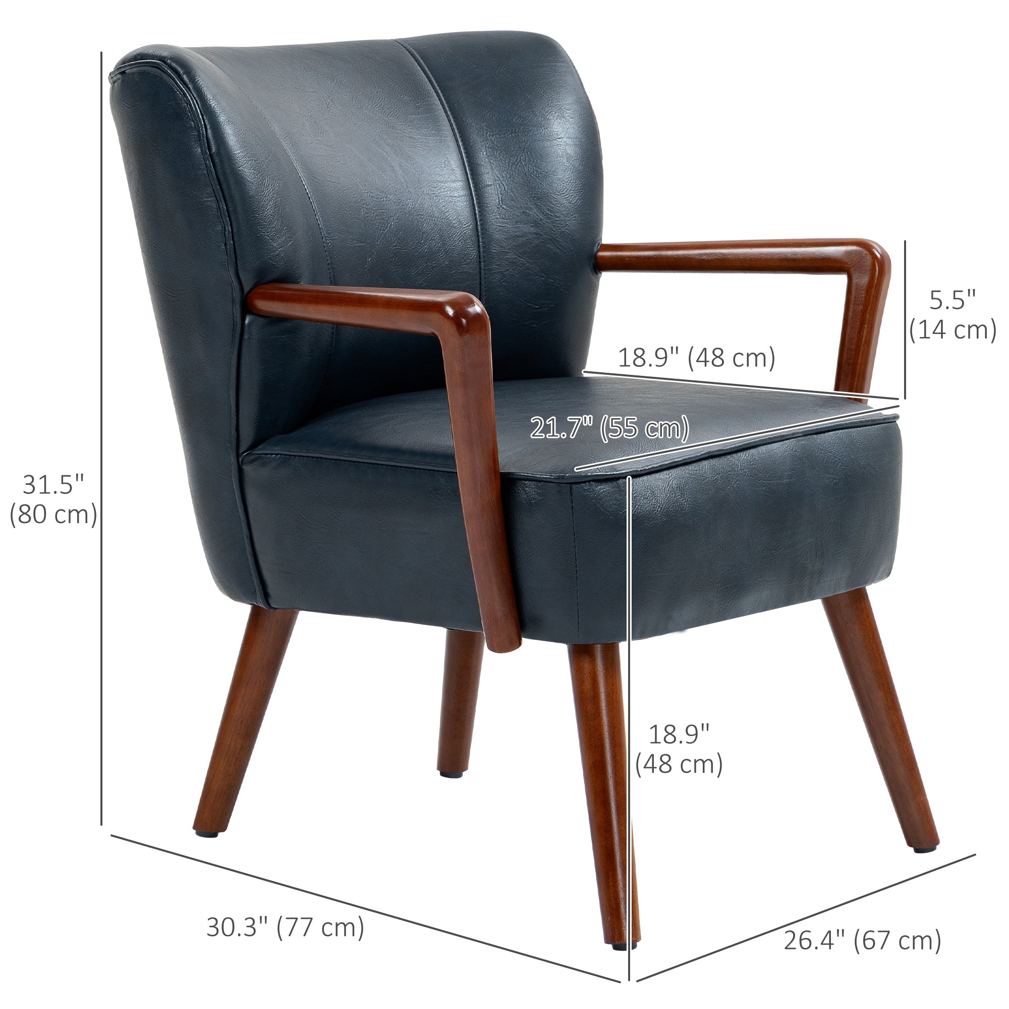 HOMCOM Accent Chair, Modern Armchair, Faux Leather Upholstered Living Room Chair with Wood Legs and Wide Padded Seat, Blue