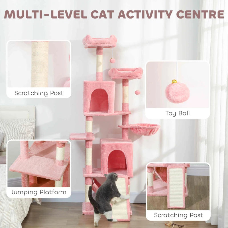 Cat Tree, 70" Multi-Level Cat Tower with 2 Condos, 2 Perches, Hammock, Toy Balls, Scratching Posts and Board, Pink