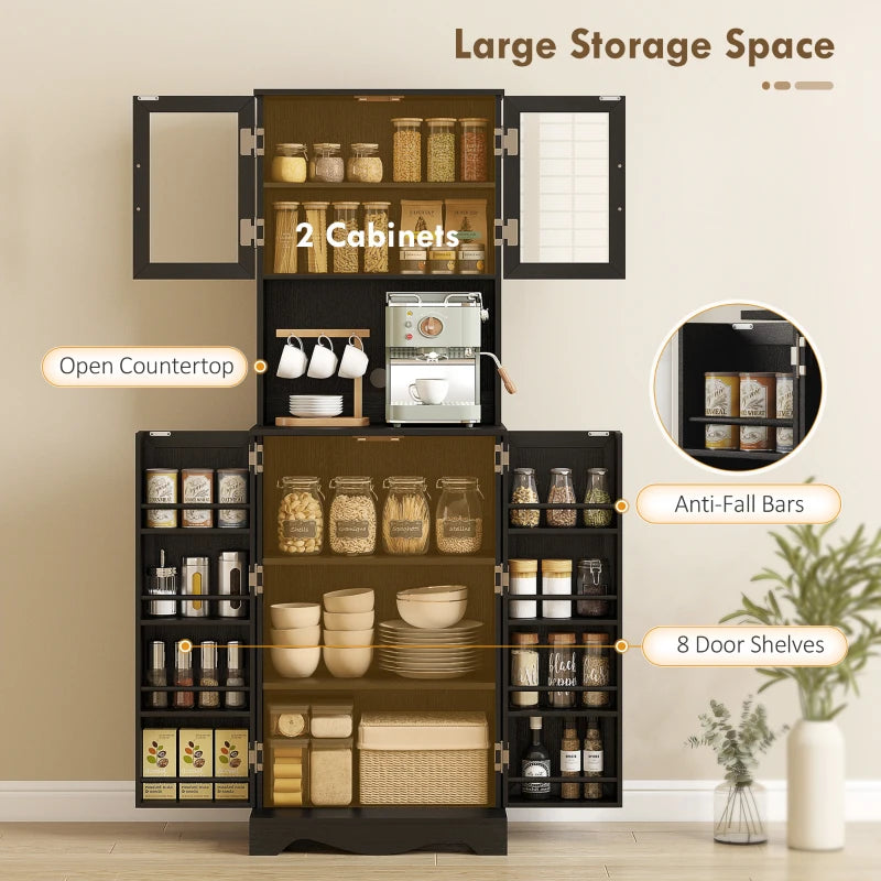 71" Kitchen Pantry Cabinet, Freestanding Kitchen Hutch with 8 Door Shelves, Adjustable Shelf and Acrylic Doors, Black