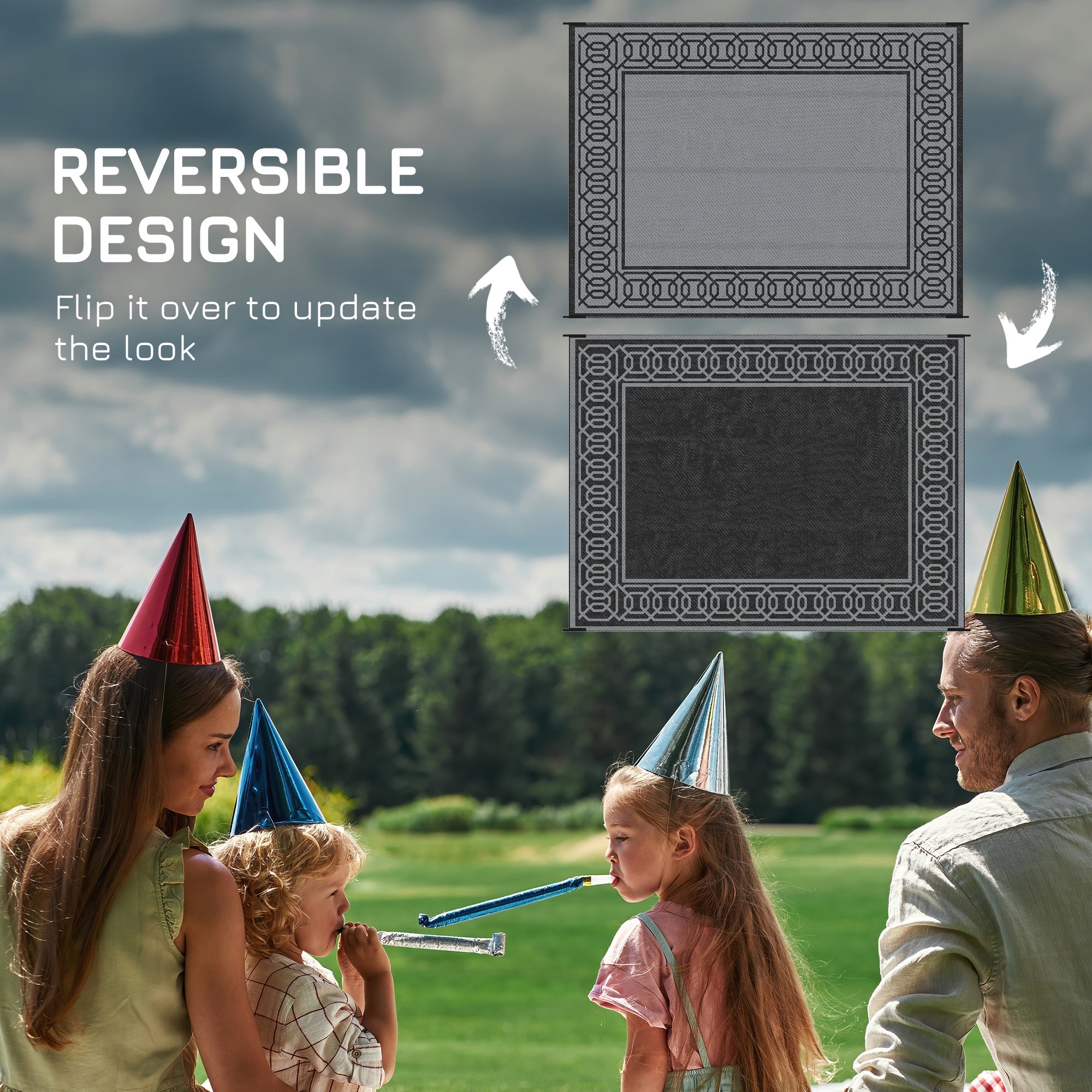 Outsunny 9' x 12' Portable Outdoor Rug Reversible Waterproof Mat with Carry Bag for RV Backyard Deck Black