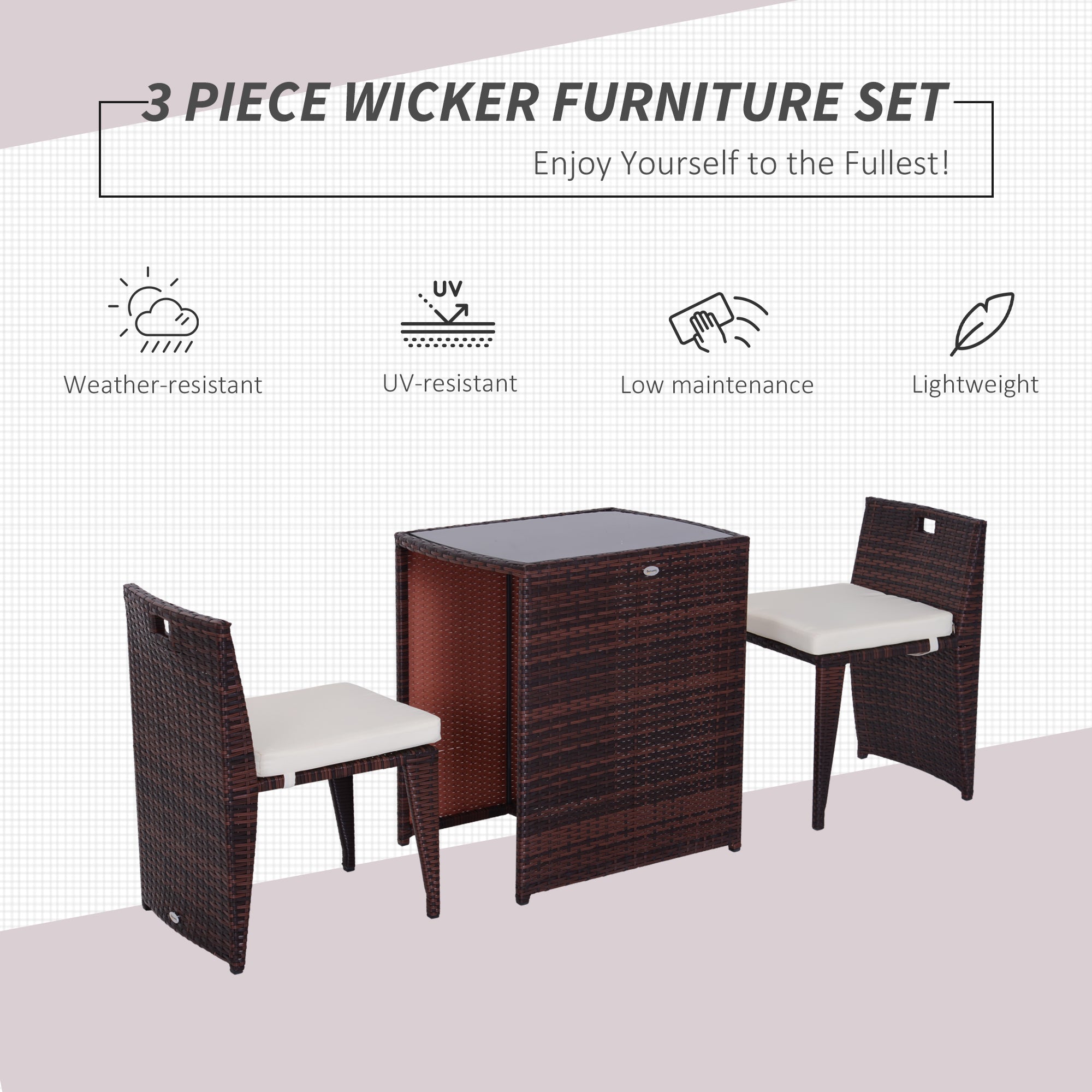 Outsunny 3PCS Outdoor Wicker Rattan Bistro Set Patio Chair Table Garden Lawn Coffee Sofa Furniture Cushioned