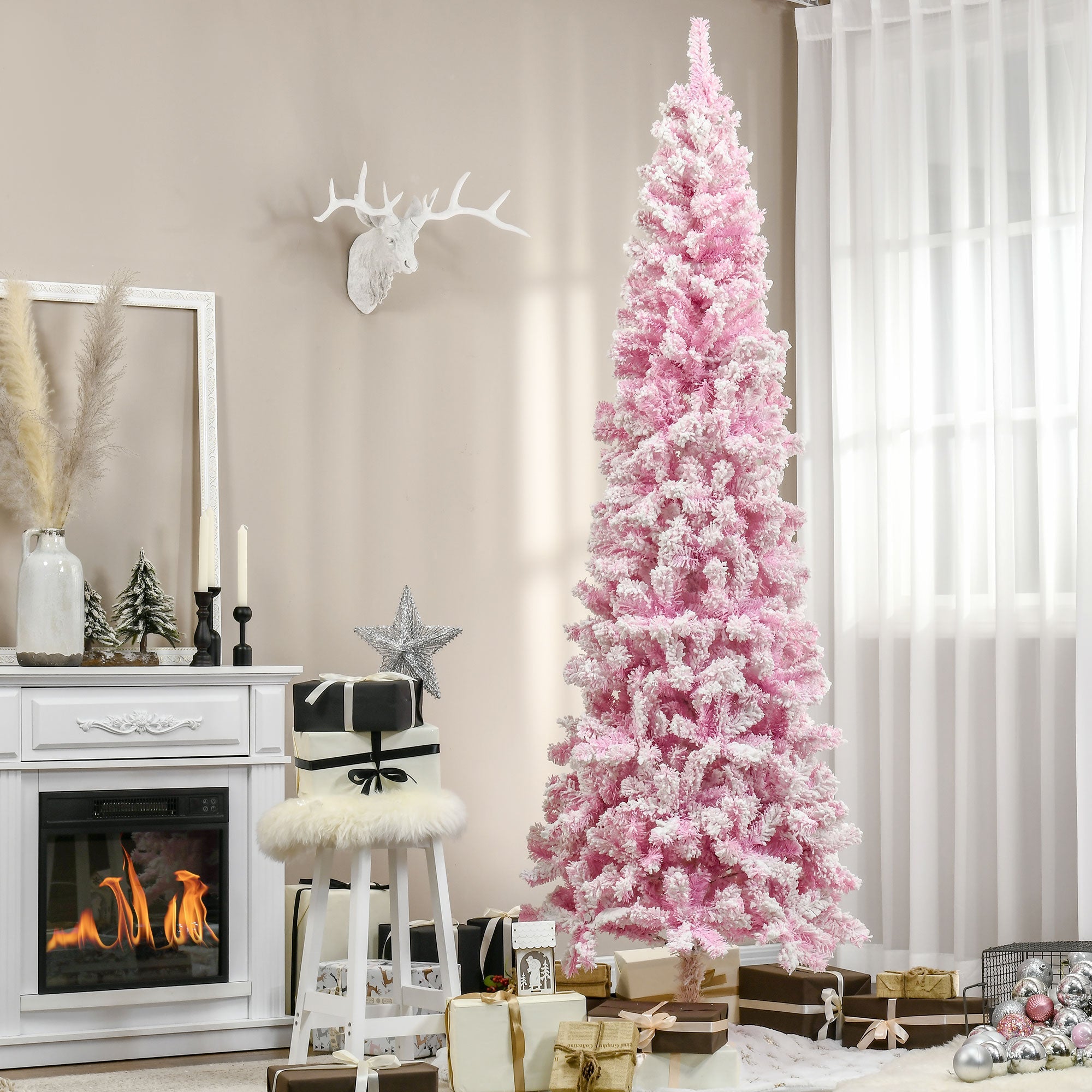 HOMCOM 7.5 Foot Snow Flocked Artificial Christmas Tree Pencil Xmas Tree with 800 Realistic Branches, Auto Open and Steel Base, Pink