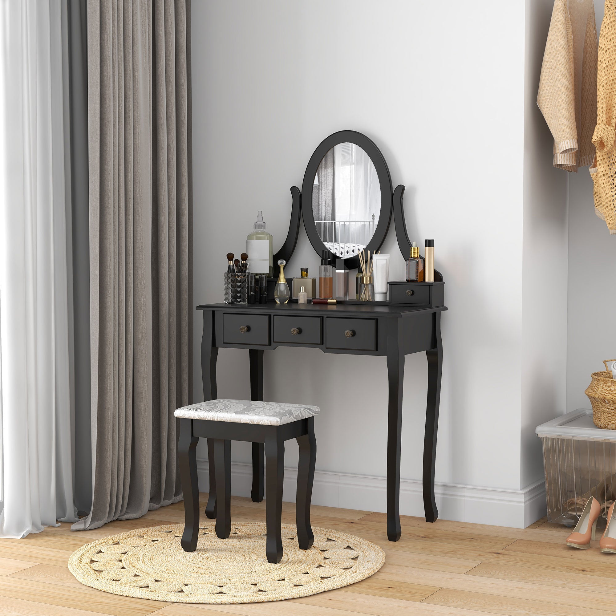 HOMCOM Vanity Dressing Table Set Contemporary Wooden Makeup Desk with Mirror Stool 5 Drawers Black