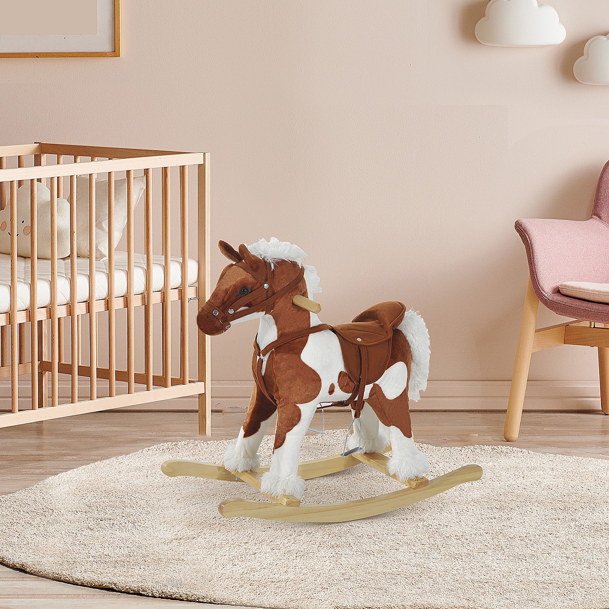 Qaba Kids Metal Plush Ride-On Rocking Horse Chair Toy w/ Nursery Rhyme Music - Light Brown / White