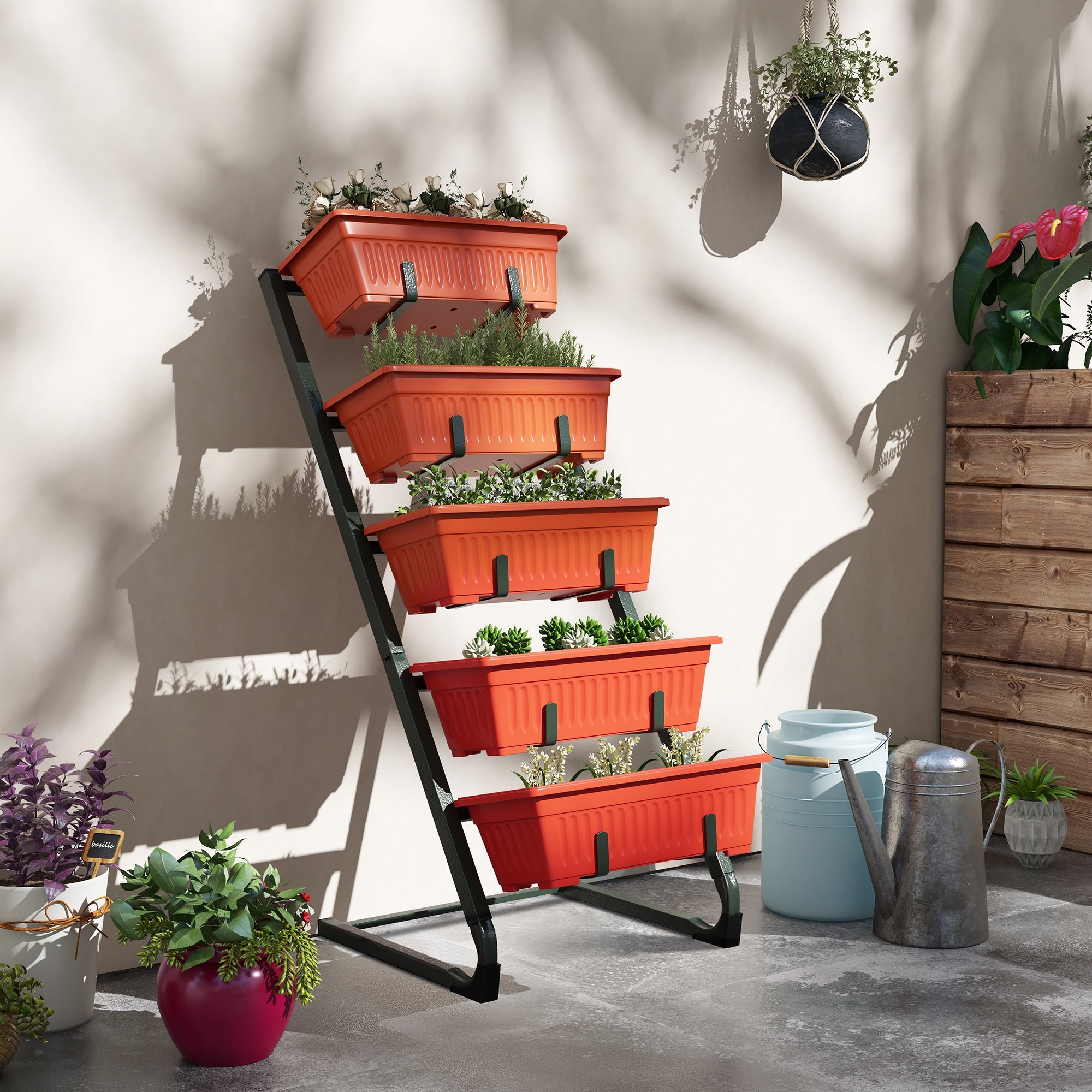 Outsunny 5-Tier Vertical Raised Garden Planter with 5 Container Boxes, Outdoor Plant Stand for Vegetable Flowers, Red
