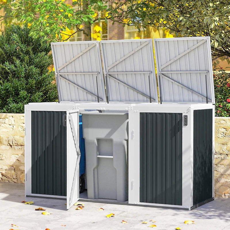 Outdoor Storage Shed Rustproof Garbage Bin Shed with Gas Struts Magnetic Doors for 3 Bins White and Grey
