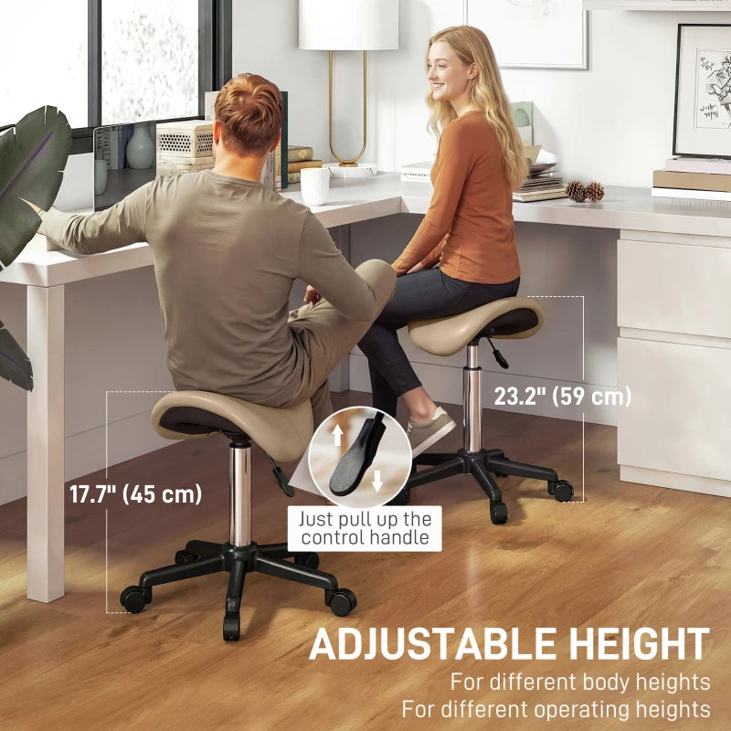 Rolling Salon Stool, PU Leather Swivel Saddle Chair, Adjustable Height Stool with Wheels for Spa, Salon, Office, Brown