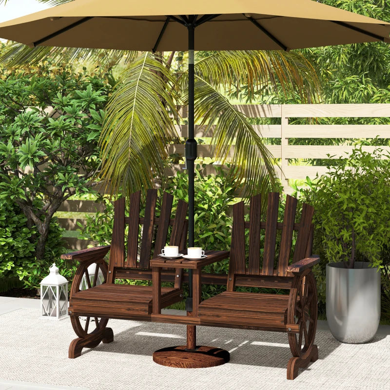 Wooden Outdoor Loveseat, Wagon Wheel Outdoor Bench with Table, Carbonized