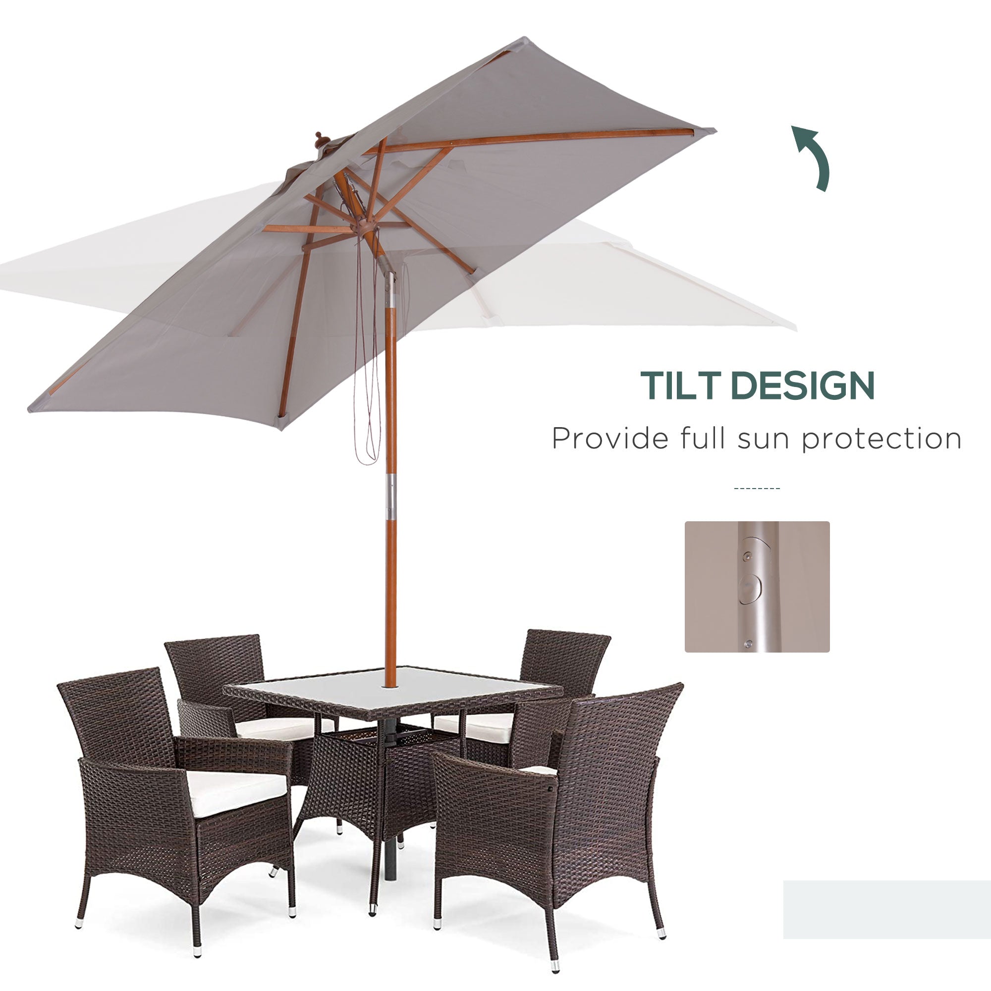 Outsunny Square Fir Wood Patio Umbrella: 6.6x5ft Tilt Mechanism with 6 Ribs Sunshade, Grey