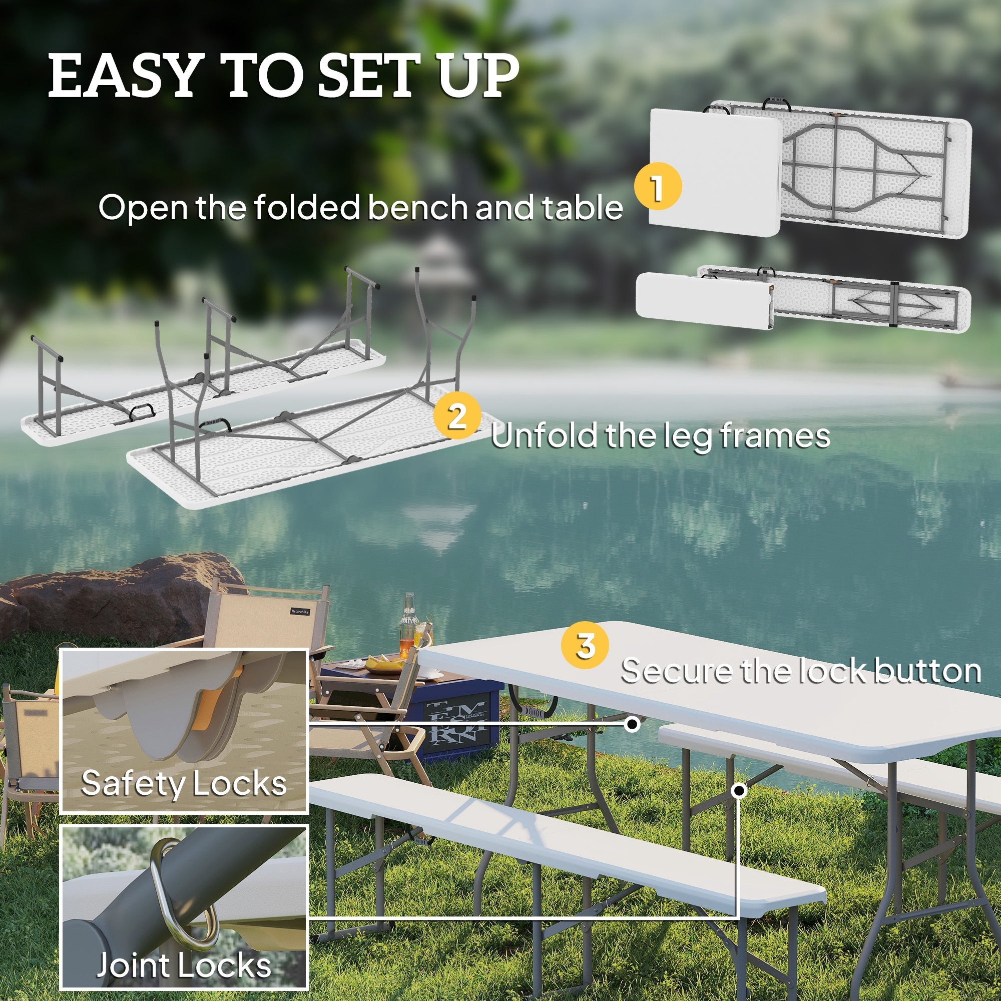 Outsunny 6FT 3-Piece Portable Outdoor Camping Table Bench Set with Carrying Handles, Folding Picnic Table with 2 Benches, White