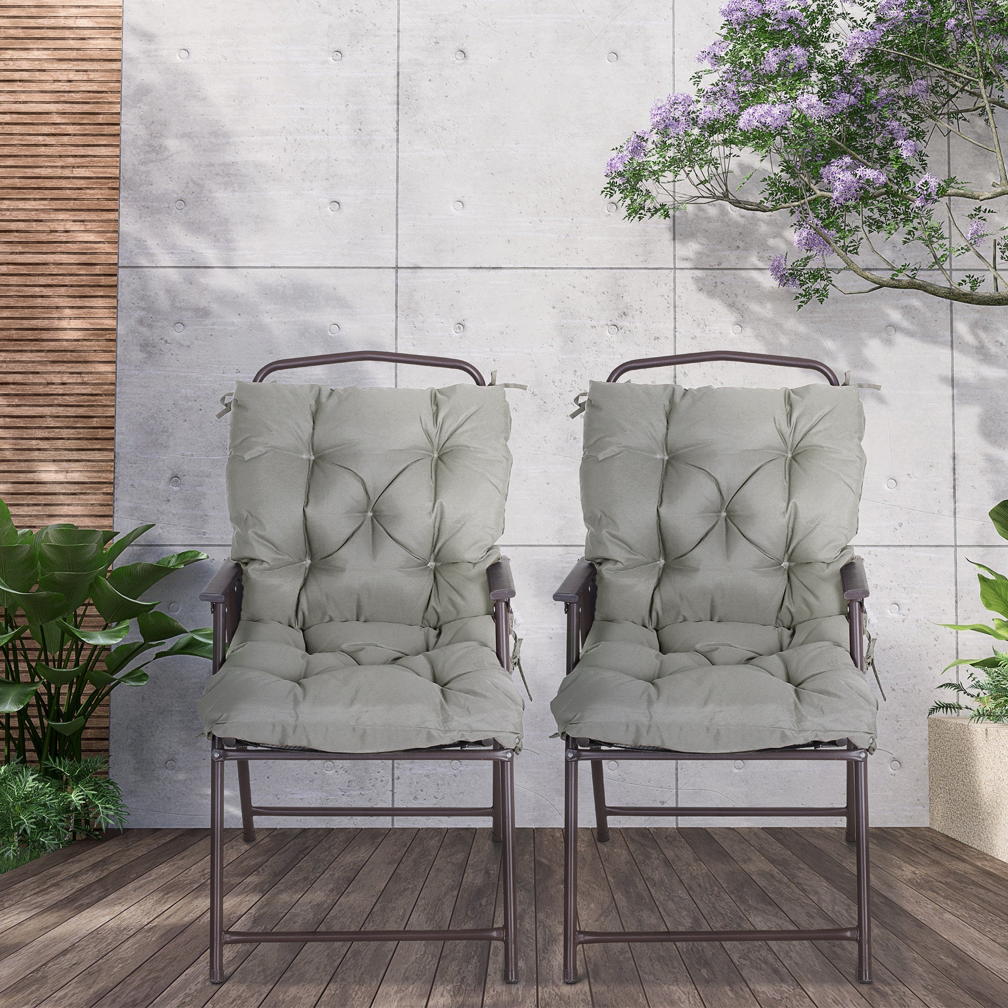 Outsunny Set of 2 Garden Chair Cushions Seat Pad with Backrest for Sunbeds Rocking Chairs Loungers Outdoor Indoor Use Grey