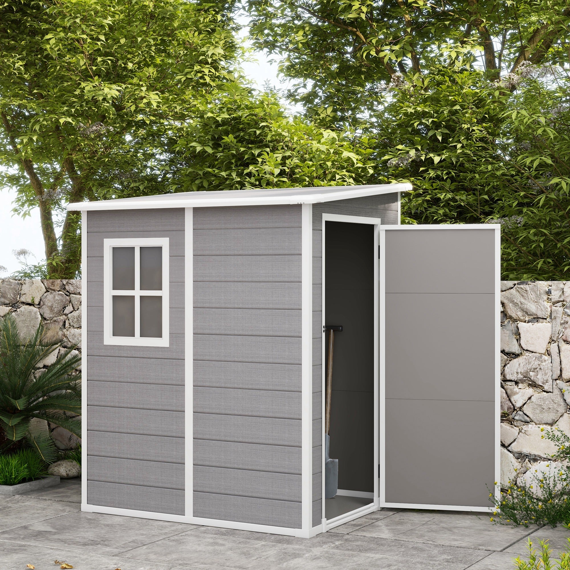 Outsunny 4'x5' Garden Storage Shed, Lean to Shed, Lockable Garden Tool Storage House with Window, Vent and Plastic Roof, Grey