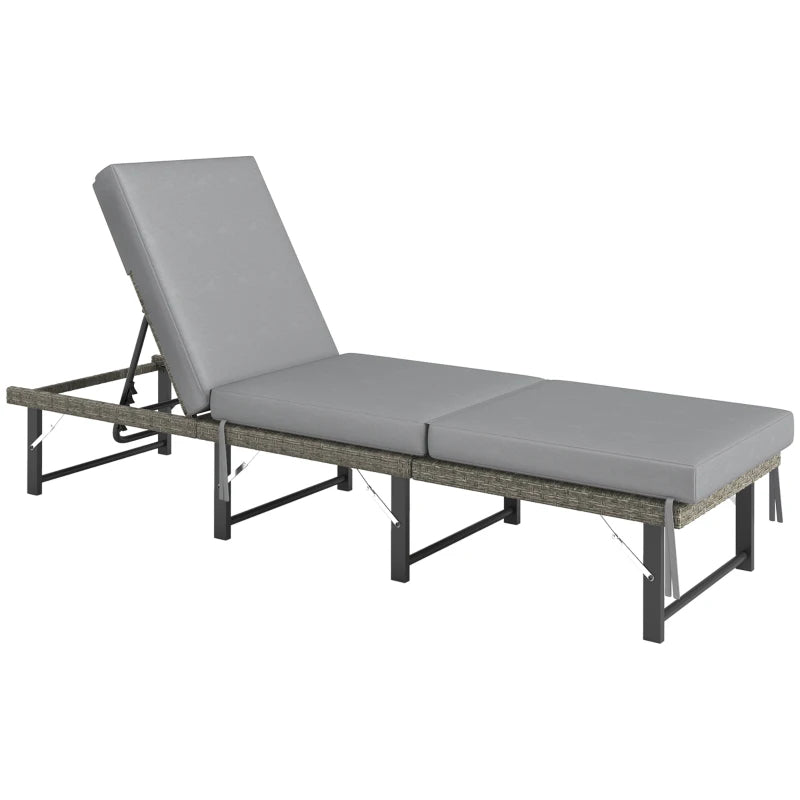 Folding Outdoor Lounge Chair, Wicker Chaise Lounge Tanning Chair with Cushion for Beach, Poolside, Garden, Grey