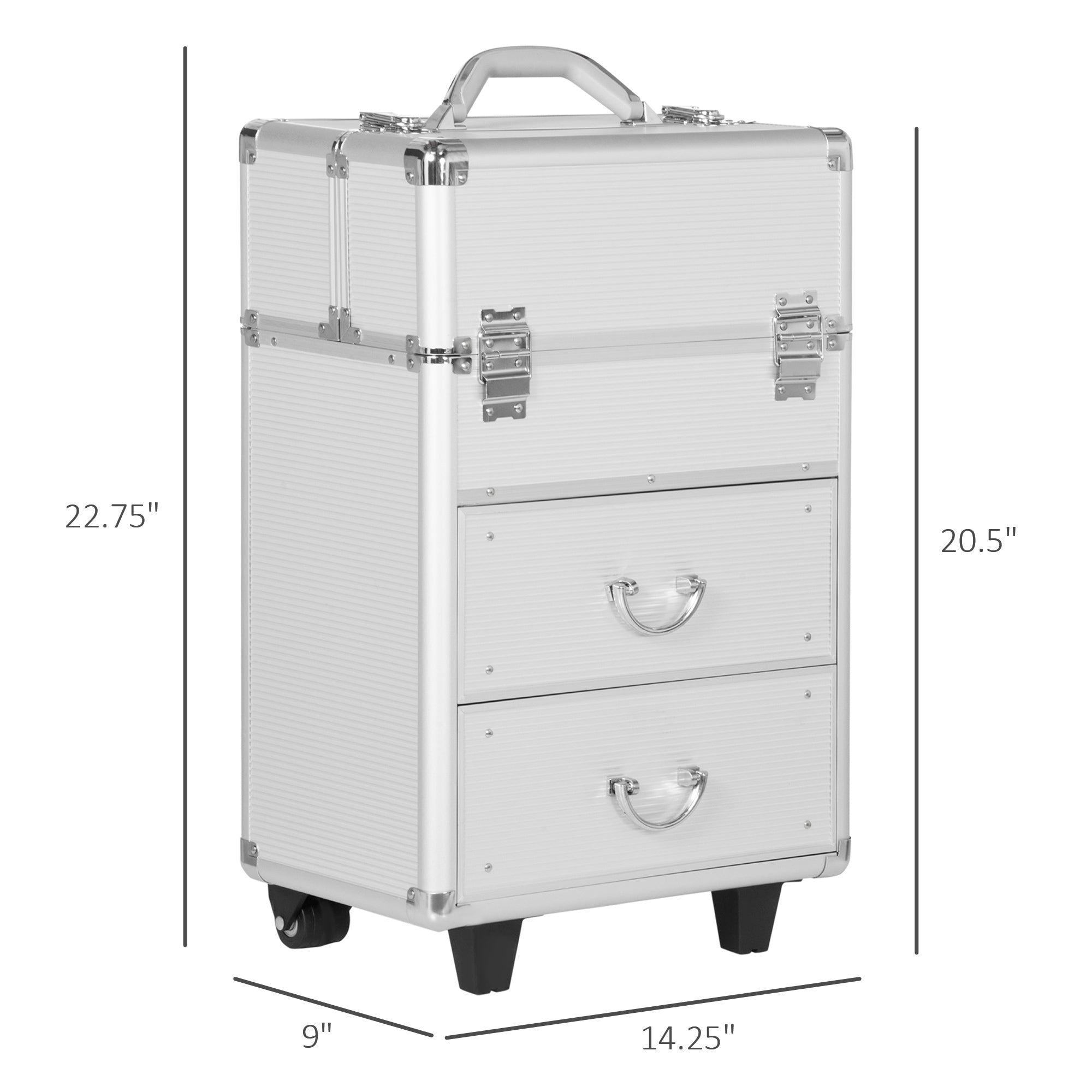 HOMCOM Large Cosmetic Trolley Rolling Makeup Train Case Storage Lockable Cart Silver with Folding Trays Swivel Wheels